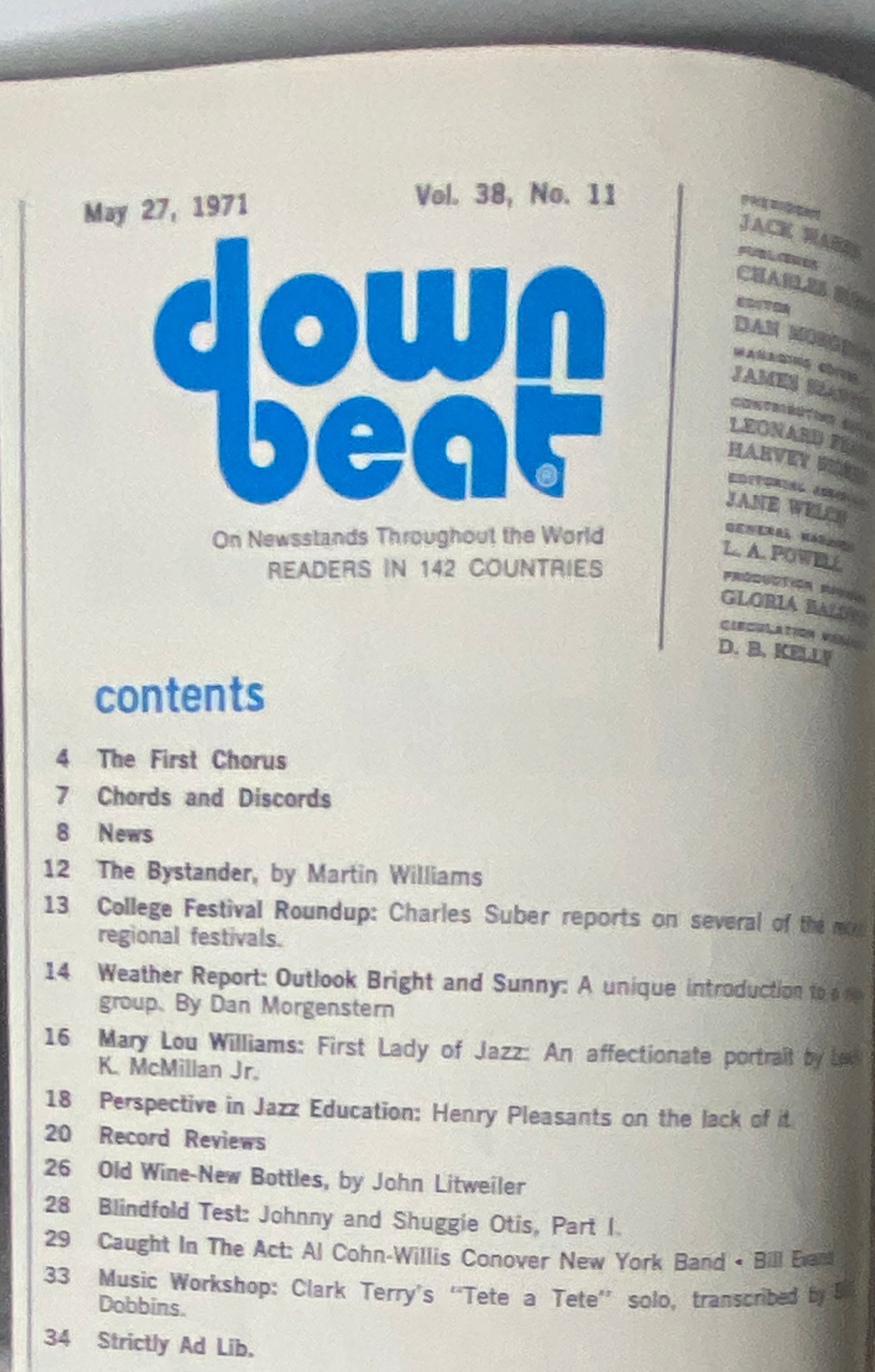 Contents page of Down Beat Magazine, May 27, 1971, Vol 38 No. 11, highlighting articles including Mary Lou Williams and Weather Report.