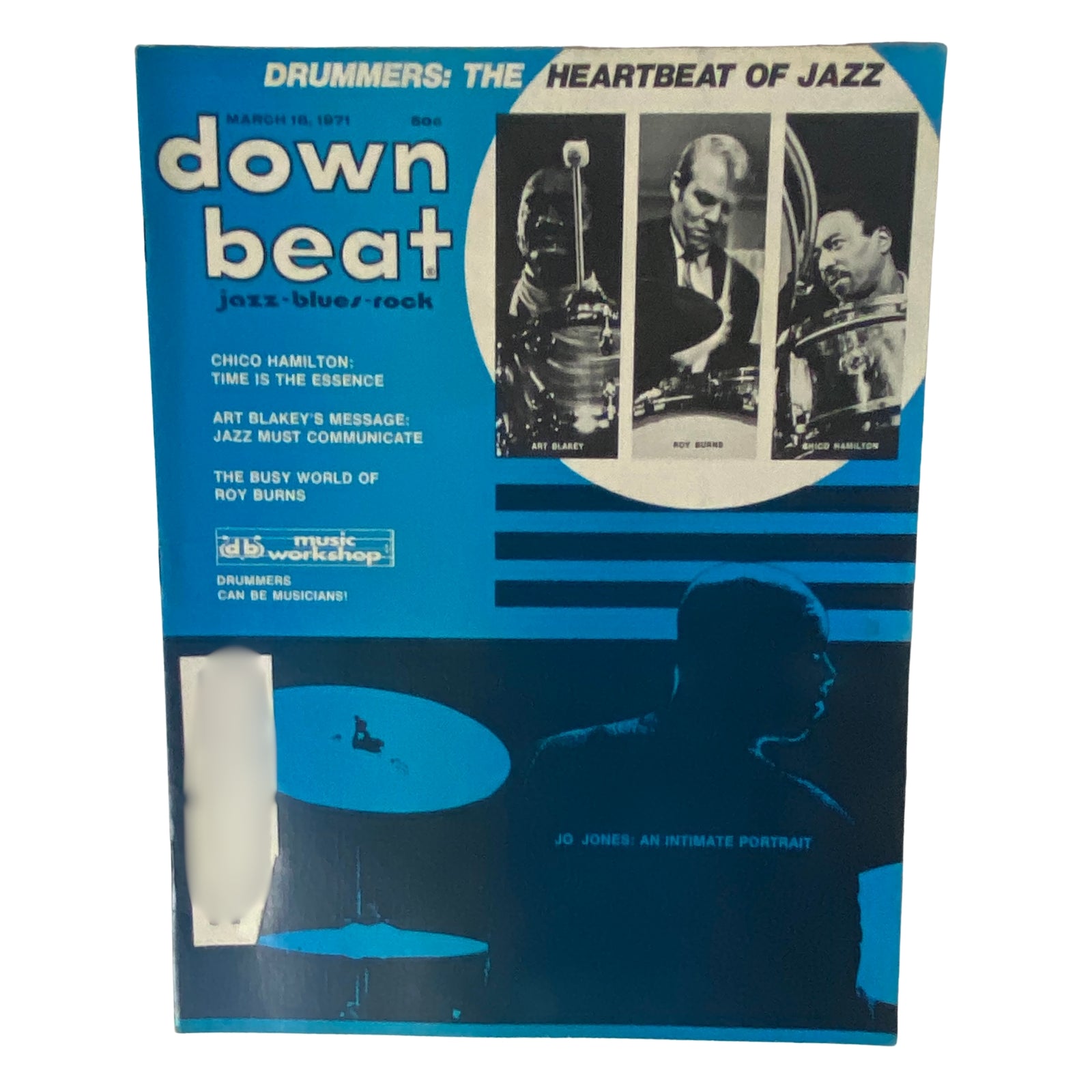 Cover of Down Beat Magazine, March 18, 1971, Vol 38 No. 6 featuring Jo Jones: An Intimate Portrait. The cover highlights drummers in jazz, with images of Art Blakey and Roy Burns, emphasizing the theme 'Drummers: The Heartbeat of Jazz'.