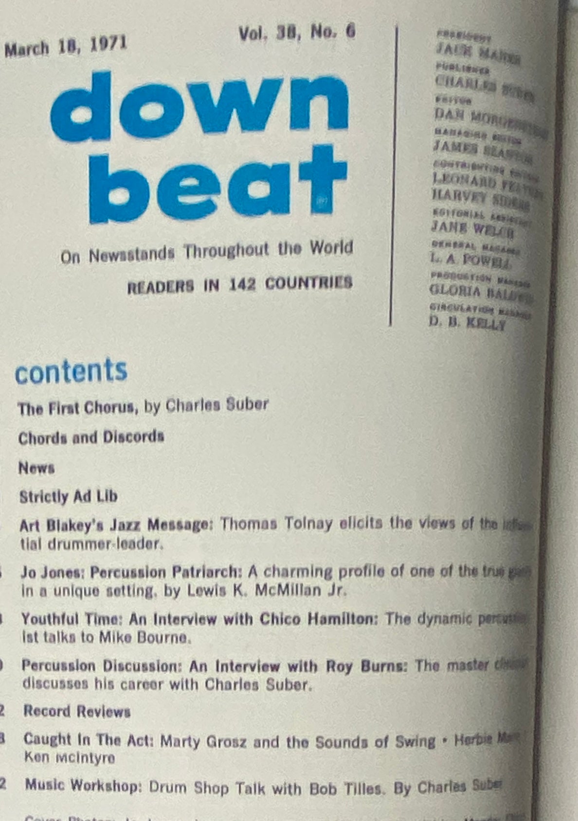 Cover of Down Beat Magazine, March 18, 1971, Vol. 38 No. 6, featuring contents overview including articles on Jo Jones, Art Blakey, and percussion discussions.