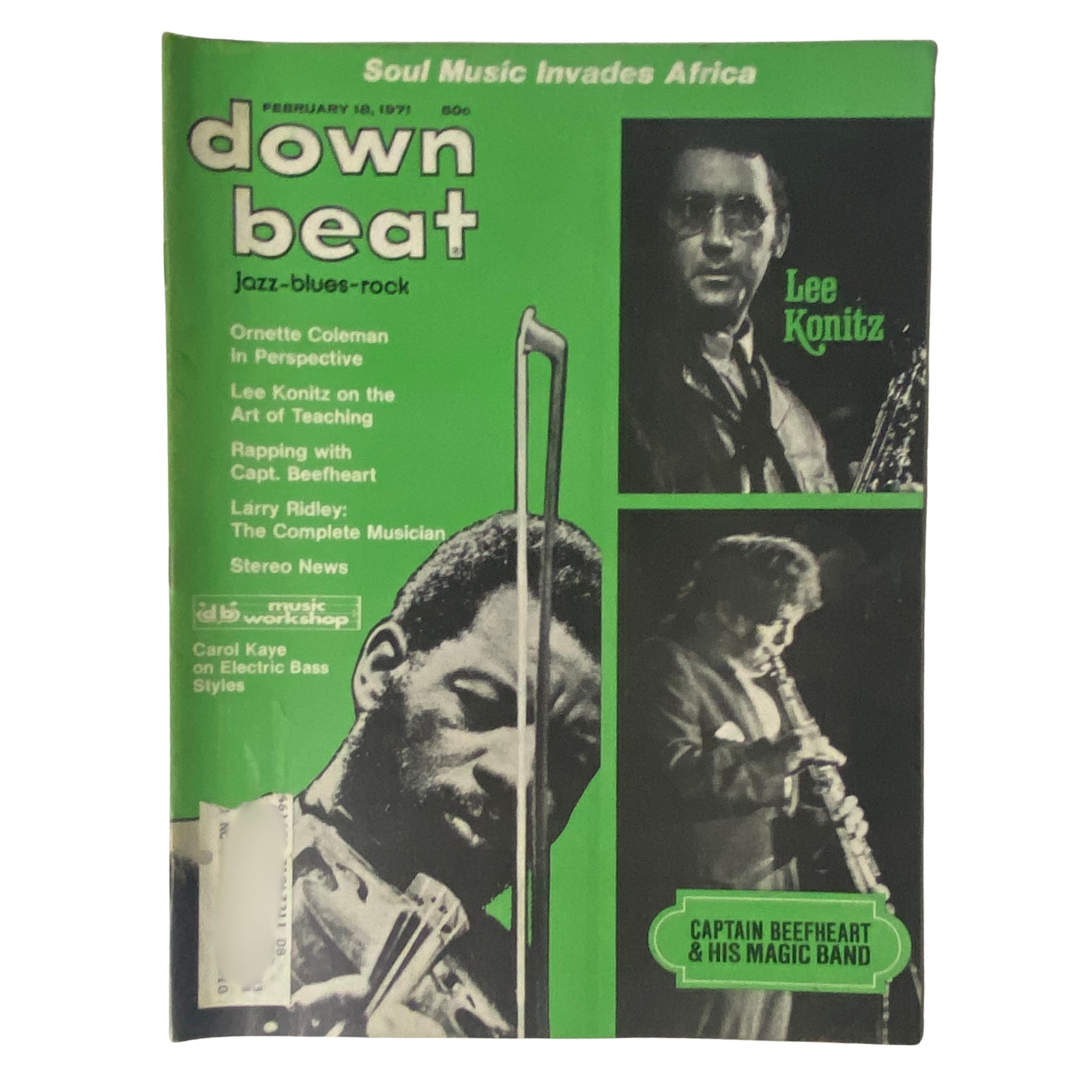 Cover of Down Beat Magazine, February 18, 1971, Vol 38 No. 4 featuring Lee Konitz and Carol Kaye, focusing on jazz and music themes.