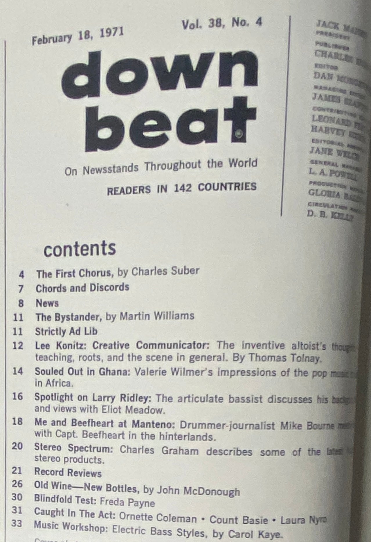 Contents page of Down Beat Magazine, February 18, 1971, Vol 38 No. 4 listing articles on Lee Konitz, Carol Kaye, and jazz music.