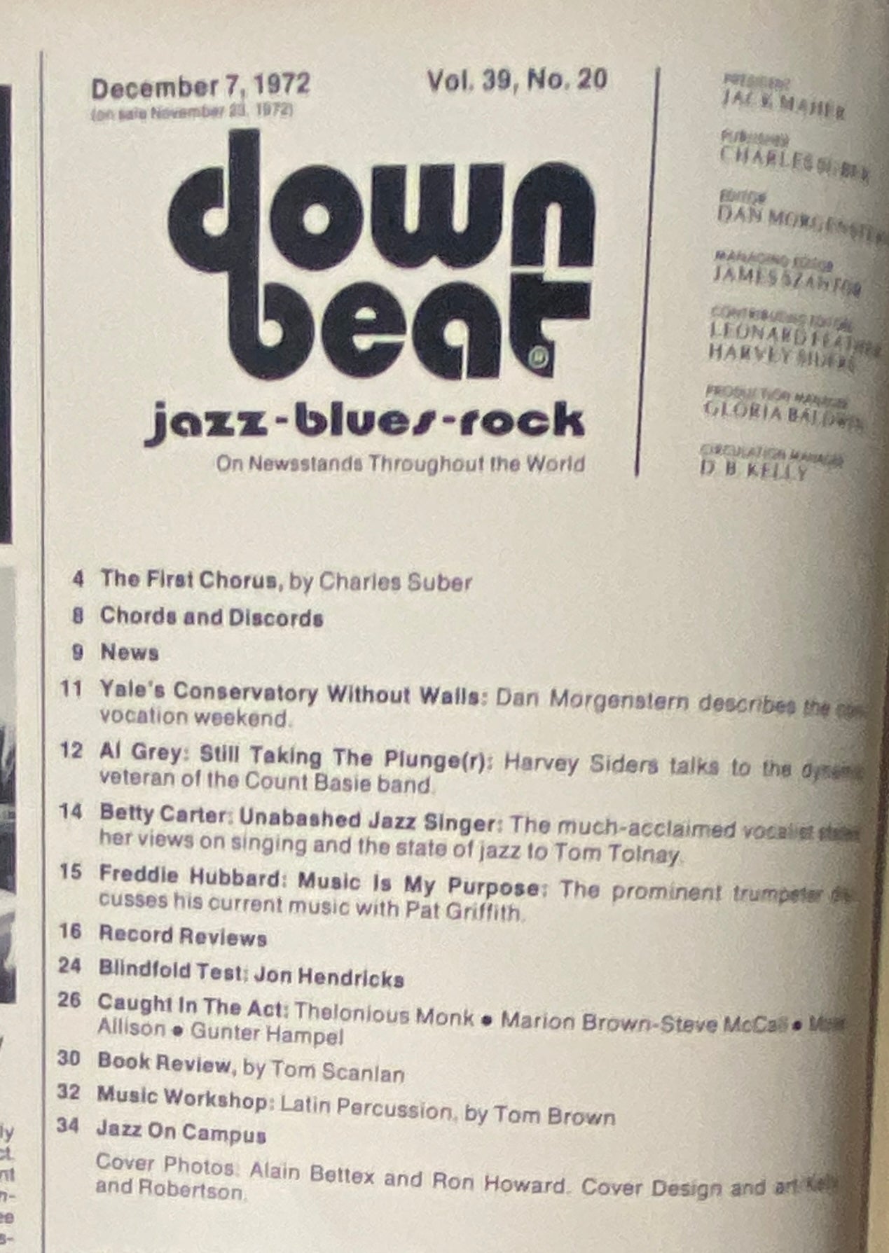 Table of Contents from Down Beat Magazine, December 7, 1972, Vol. 39, No. 20, detailing articles including features on Alain Bettex and Ron Howard.