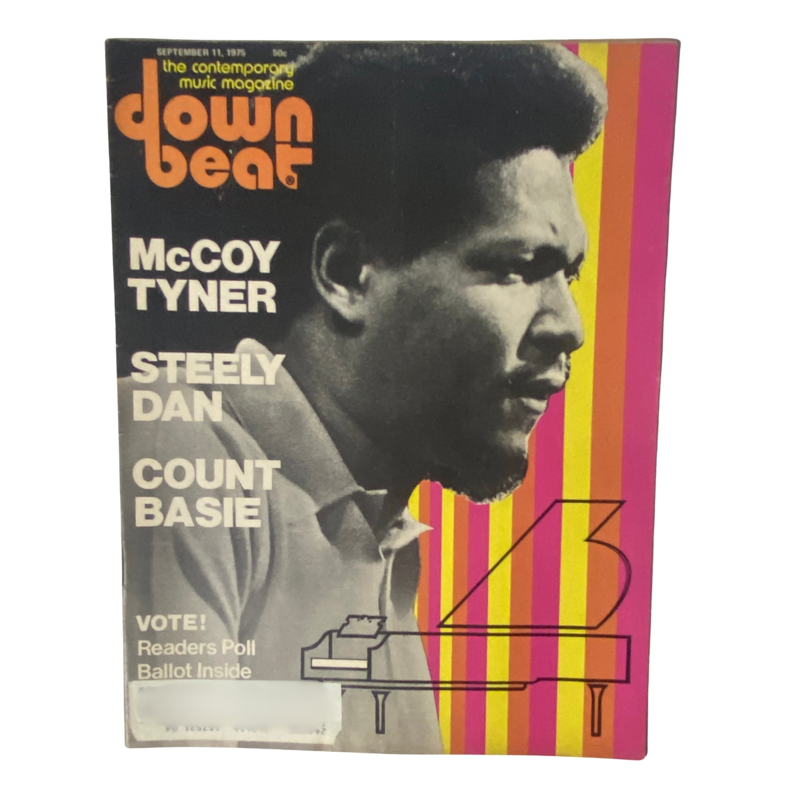 Cover of Down Beat Magazine from September 11, 1975 featuring McCoy Tyner, Steely Dan, and Count Basie, highlighting contemporary music with bold graphics.