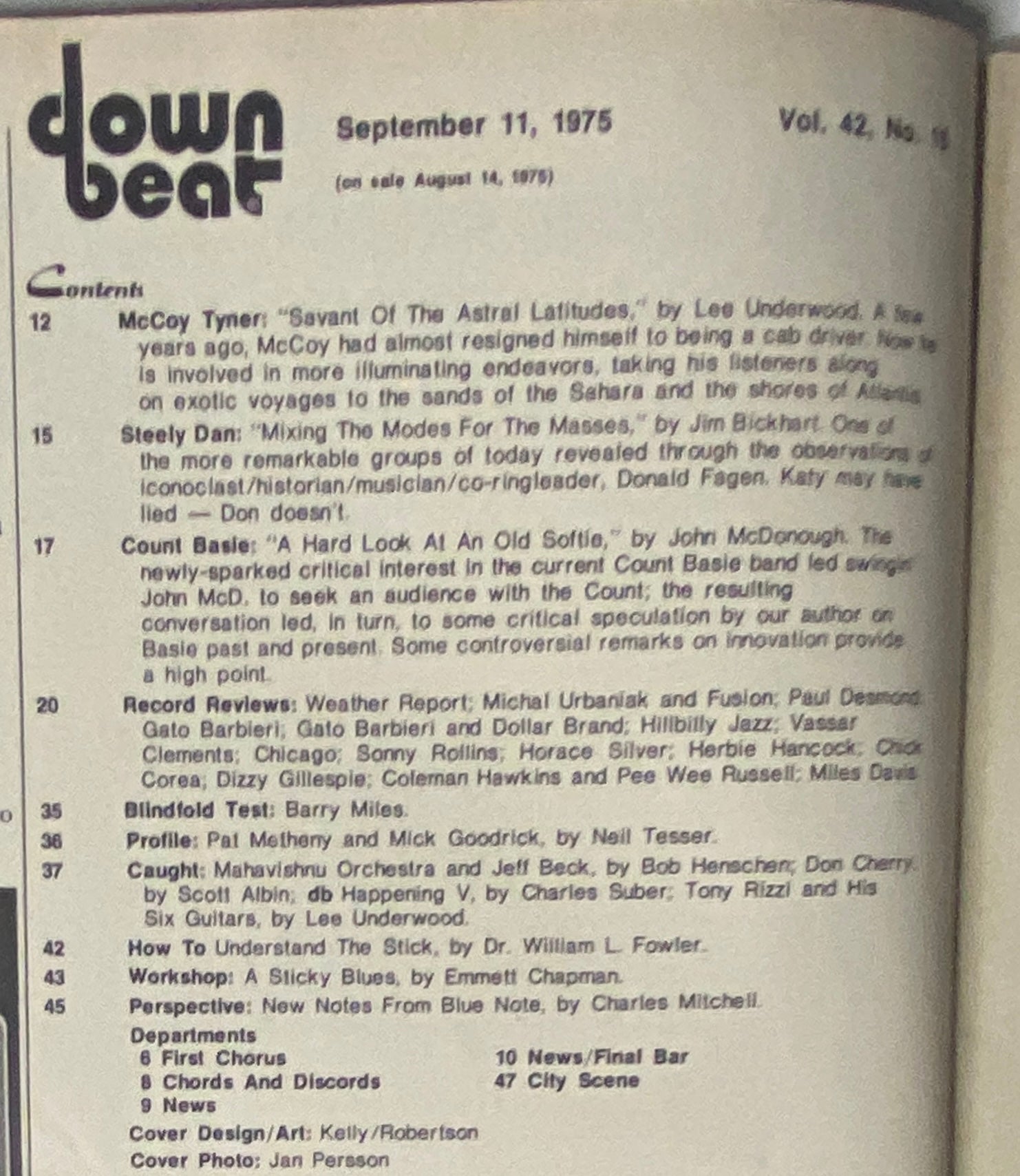 Table of Contents from Down Beat Magazine, September 11, 1975, detailing articles on McCoy Tyner, Steely Dan, Count Basie, and more, showcasing the music of the era.
