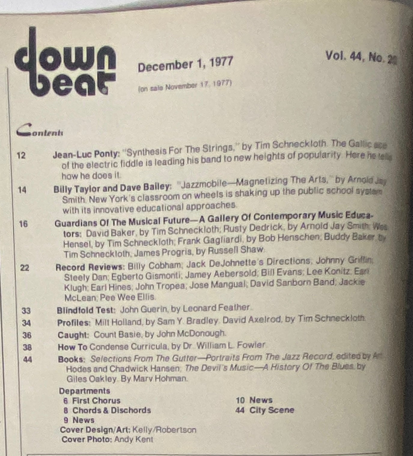 Inside page of Down Beat Magazine, December 1, 1977, showcasing the table of contents including articles on Jean-Luc Ponty, Billy Taylor, and insights into jazz education.