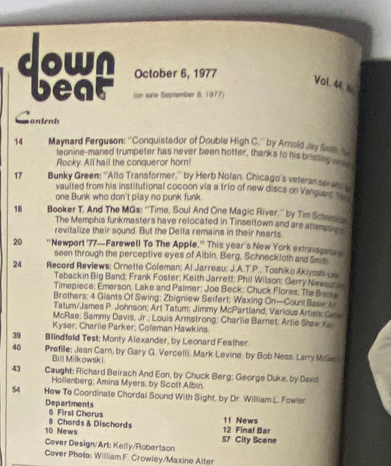 Table of contents for Down Beat Magazine, October 6, 1977, detailing articles on Maynard Ferguson, Bunky Green, and Booker T. and The MGs, highlighting musicians and music culture of the era.