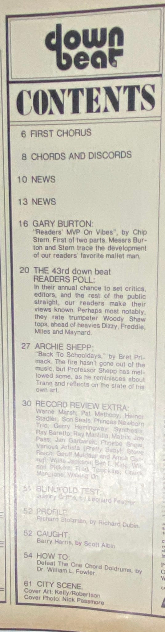 Contents page of Down Beat Magazine, December 21, 1978, detailing features on Gary Burton and Archie Shepp, along with various articles and reviews.
