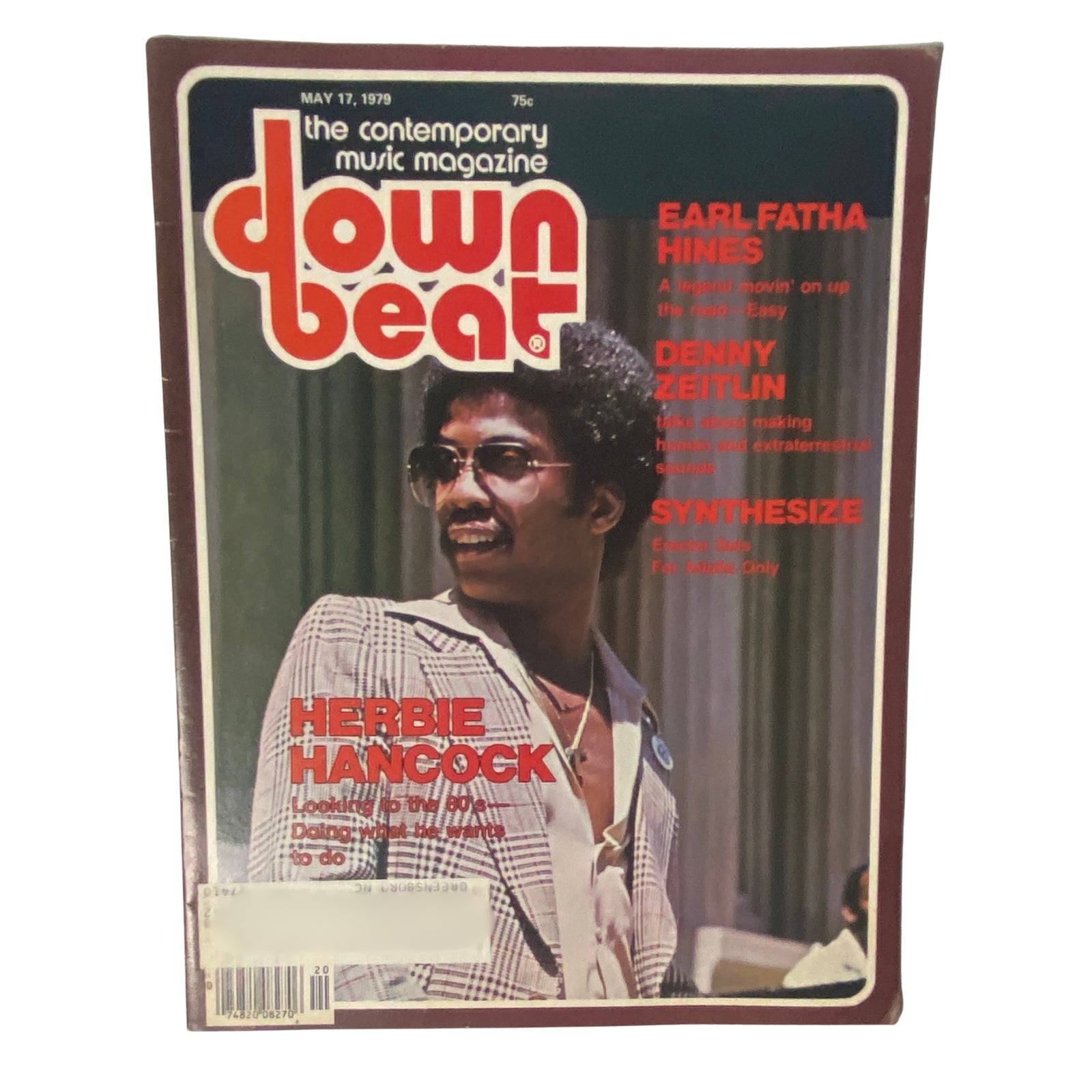 Cover of Down Beat Magazine, May 17, 1979 featuring Earl Fatha Hines, Denny Zeitlin, and a synthesizer feature, with Herbie Hancock highlighted.