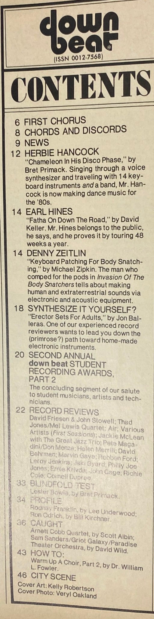 Contents page of Down Beat Magazine, May 17, 1979, listing articles on Earl Fatha Hines, Denny Zeitlin, and Herbie Hancock, along with synth features.