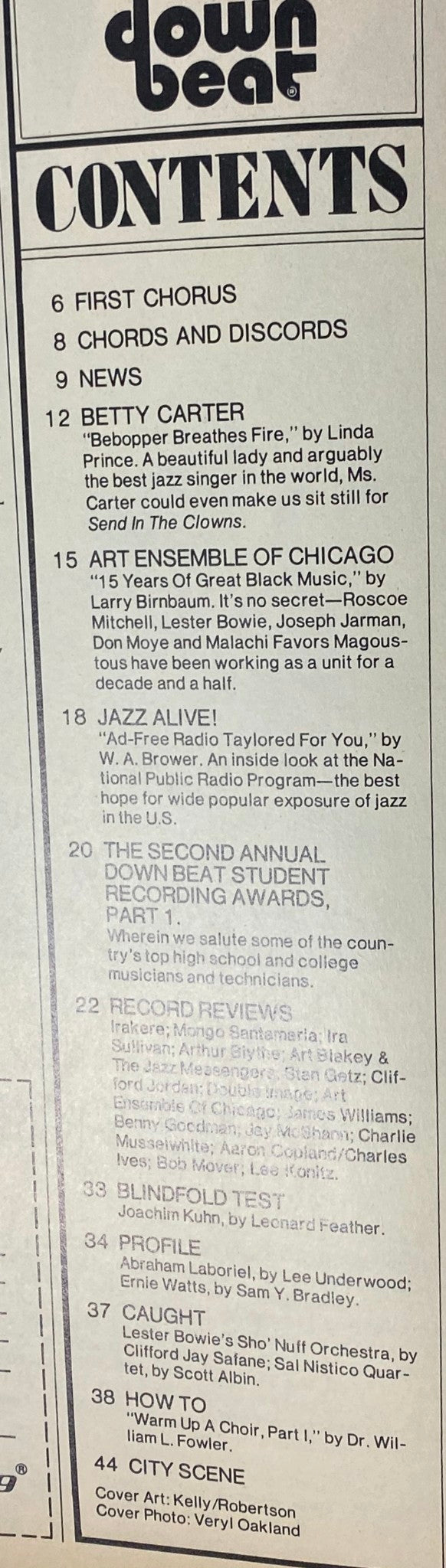 Contents page of Down Beat Magazine from May 3, 1979. Lists features including articles on Betty Carter, Art Ensemble of Chicago, and NPR's Jazz Alive!, along with additional sections like 'First Chorus', 'Chords and Discords', and Student Recording Awards.