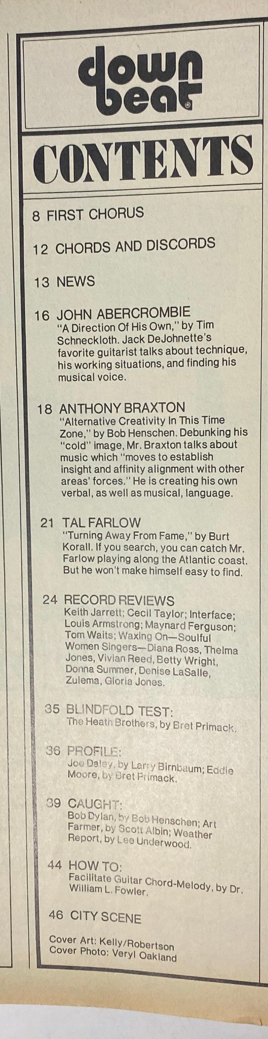 Table of contents from Down Beat Magazine, February 22, 1979, detailing features on John Abercrombie, Anthony Braxton, Tal Farlow, and various record reviews.