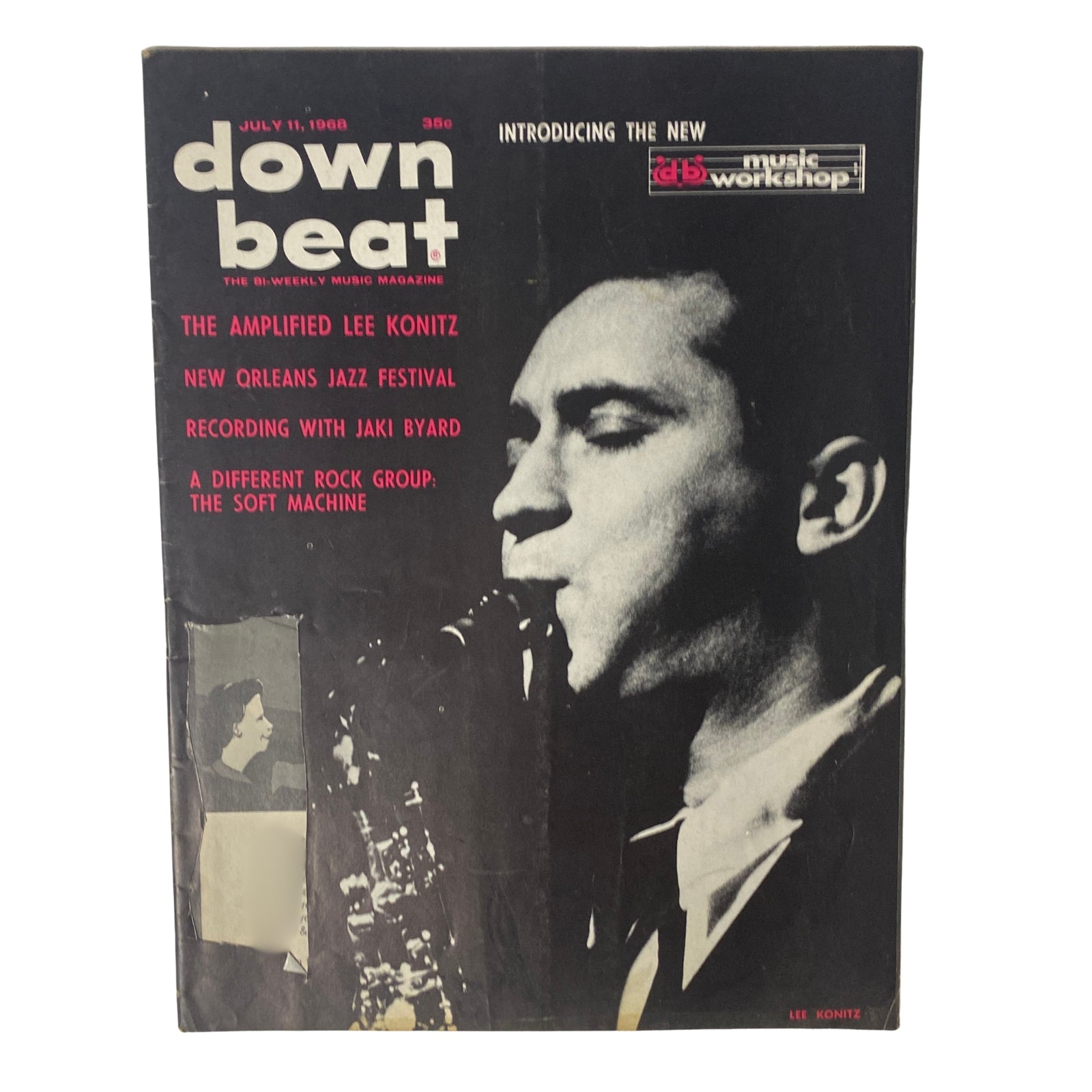 Cover of Down Beat Magazine, July 11, 1968, featuring Lee Konitz on the alto saxophone, highlighting his transition to amplified electric playing.