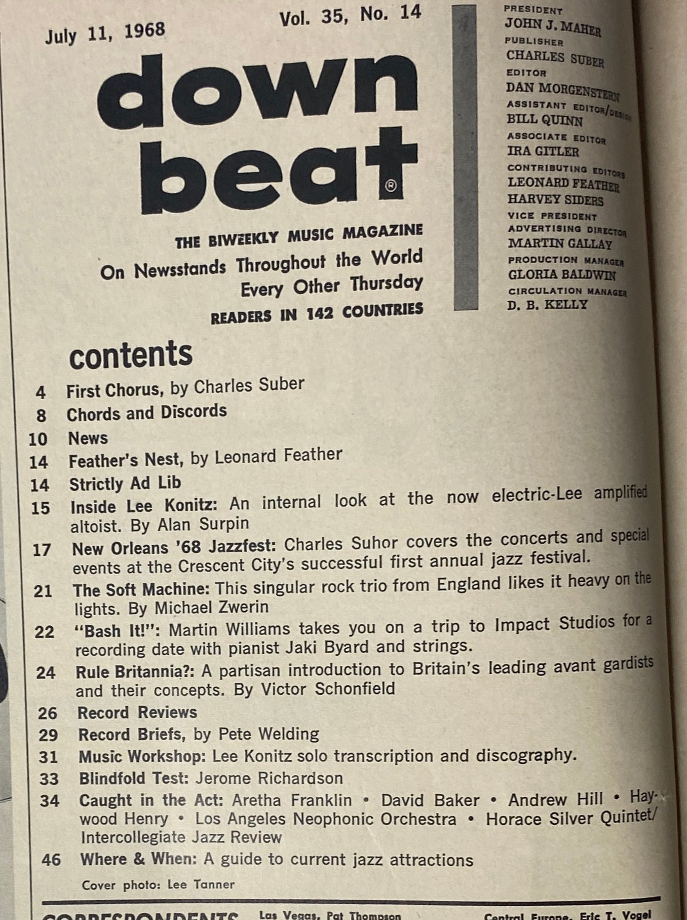 Contents page of Down Beat Magazine, July 11, 1968 (Vol. 35 No. 14), detailing articles about Lee Konitz, the New Orleans Jazz Festival, and featured performances.