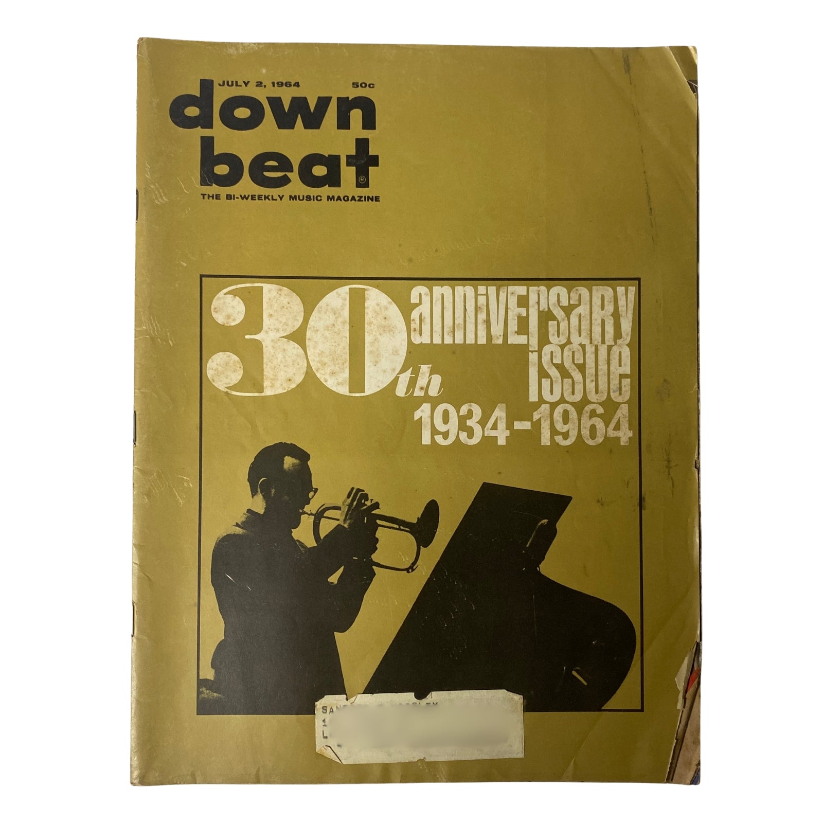 Cover of Down Beat Magazine July 2, 1964 30th Anniversary Issue 1934-1964 featuring a trumpet player silhouette and bold typography.