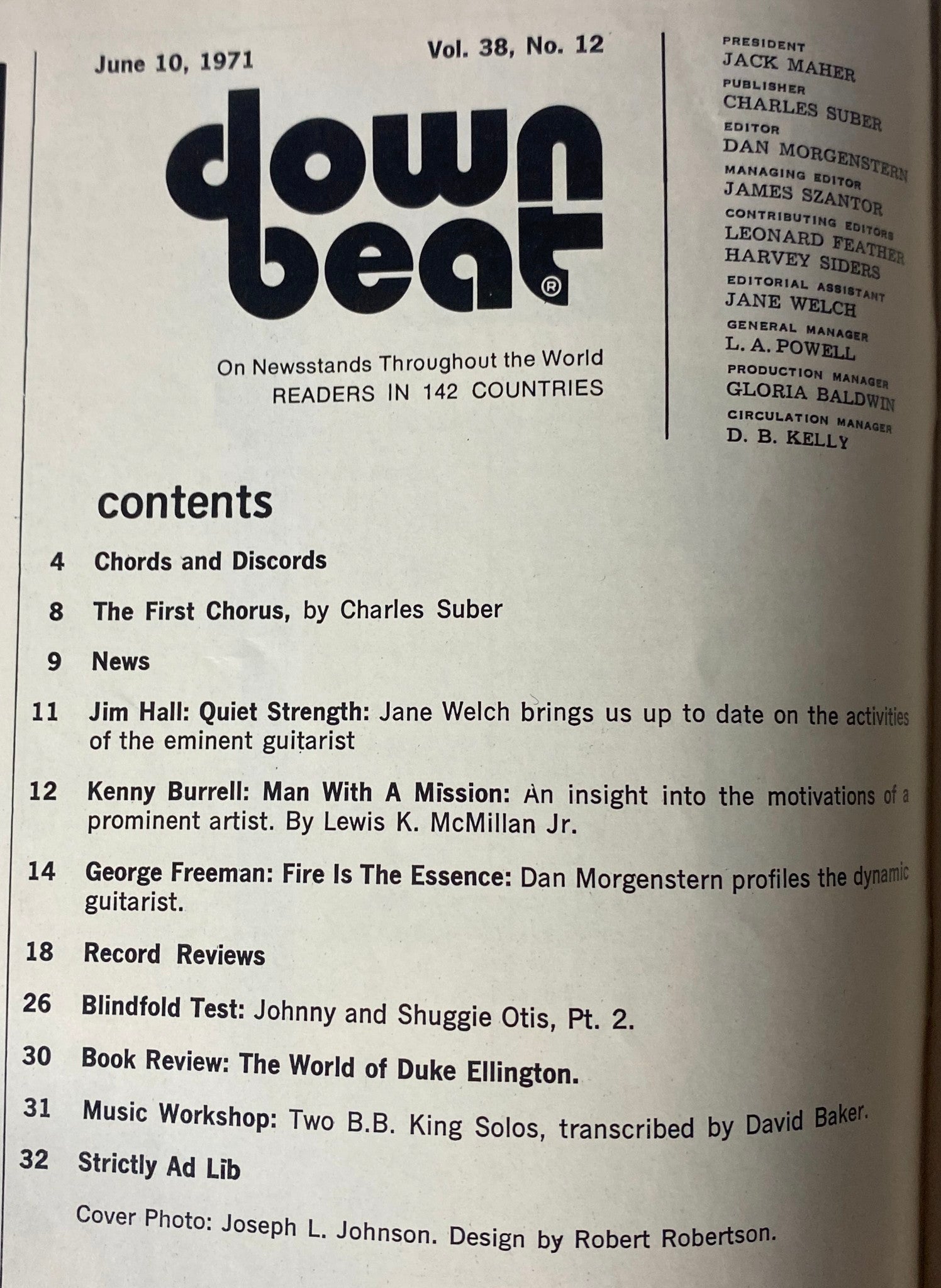 Interior page of Down Beat Magazine June 10, 1971 Vol 38 No. 12 displaying contents, including features on Kenny Burrell and Jim Hall.