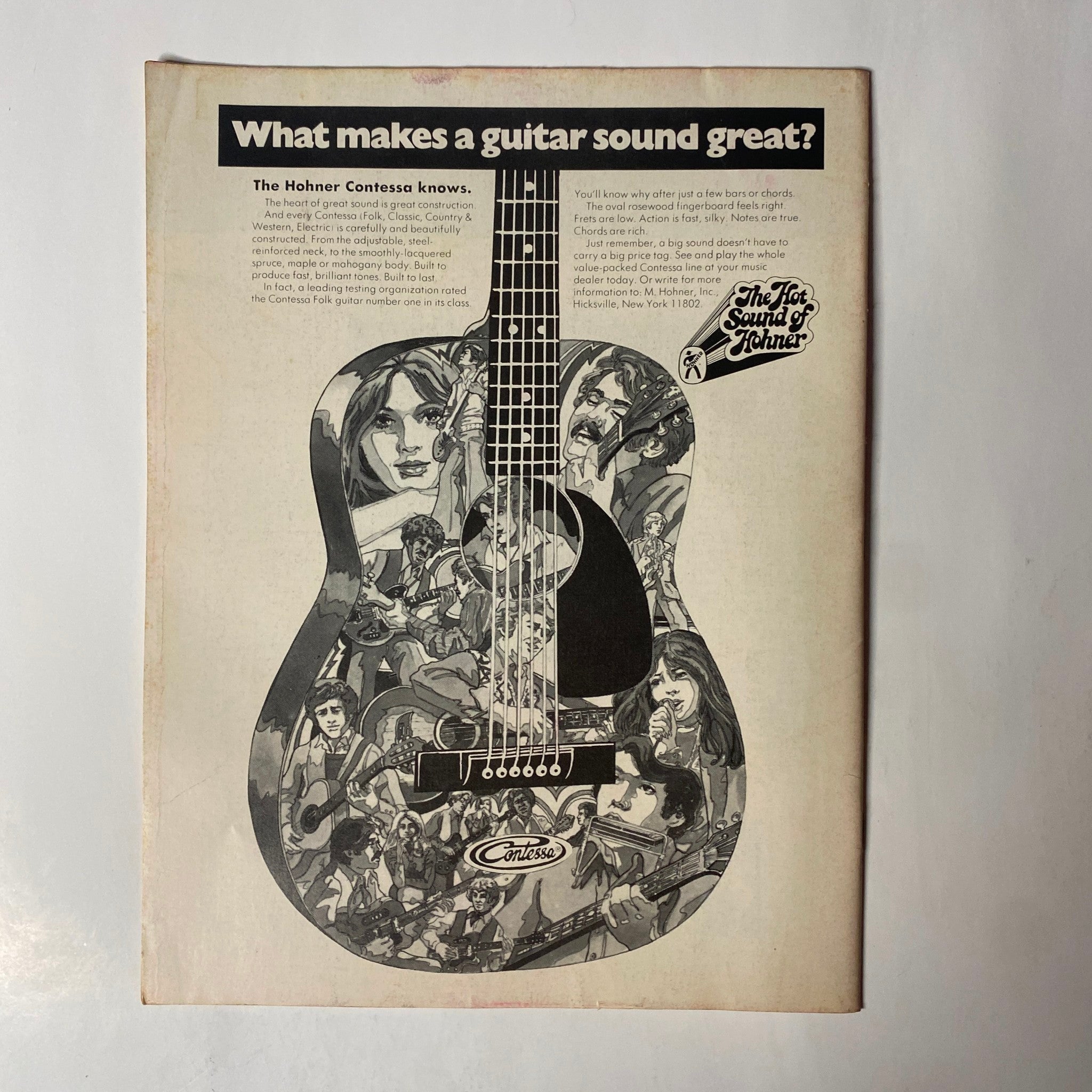 Back cover of Down Beat Magazine June 10, 1971 Vol 38 No. 12 showcasing a guitar advertisement with artistic illustrations.