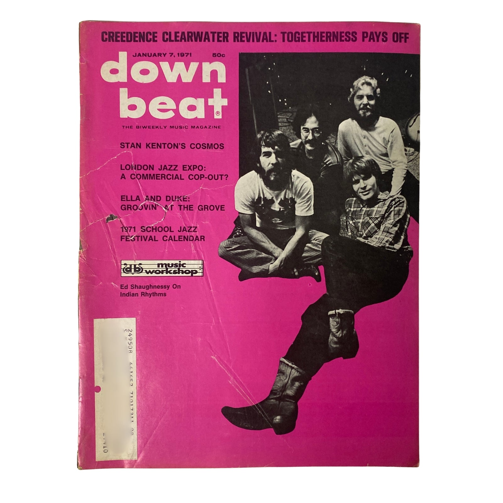 Cover of Down Beat Magazine, January 7, 1971, Vol 38 No. 1 featuring Stan Kenton and Creedence Clearwater Revival, emphasizing jazz and popular music.