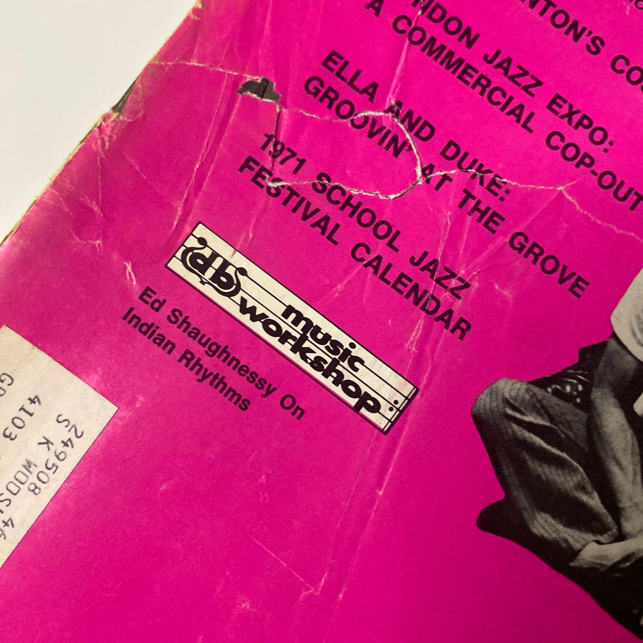 Close-up of Down Beat Magazine cover detail, showcasing the music workshop section featuring Ed Shaughnessy on Indian Rhythms, from the January 7, 1971, issue.