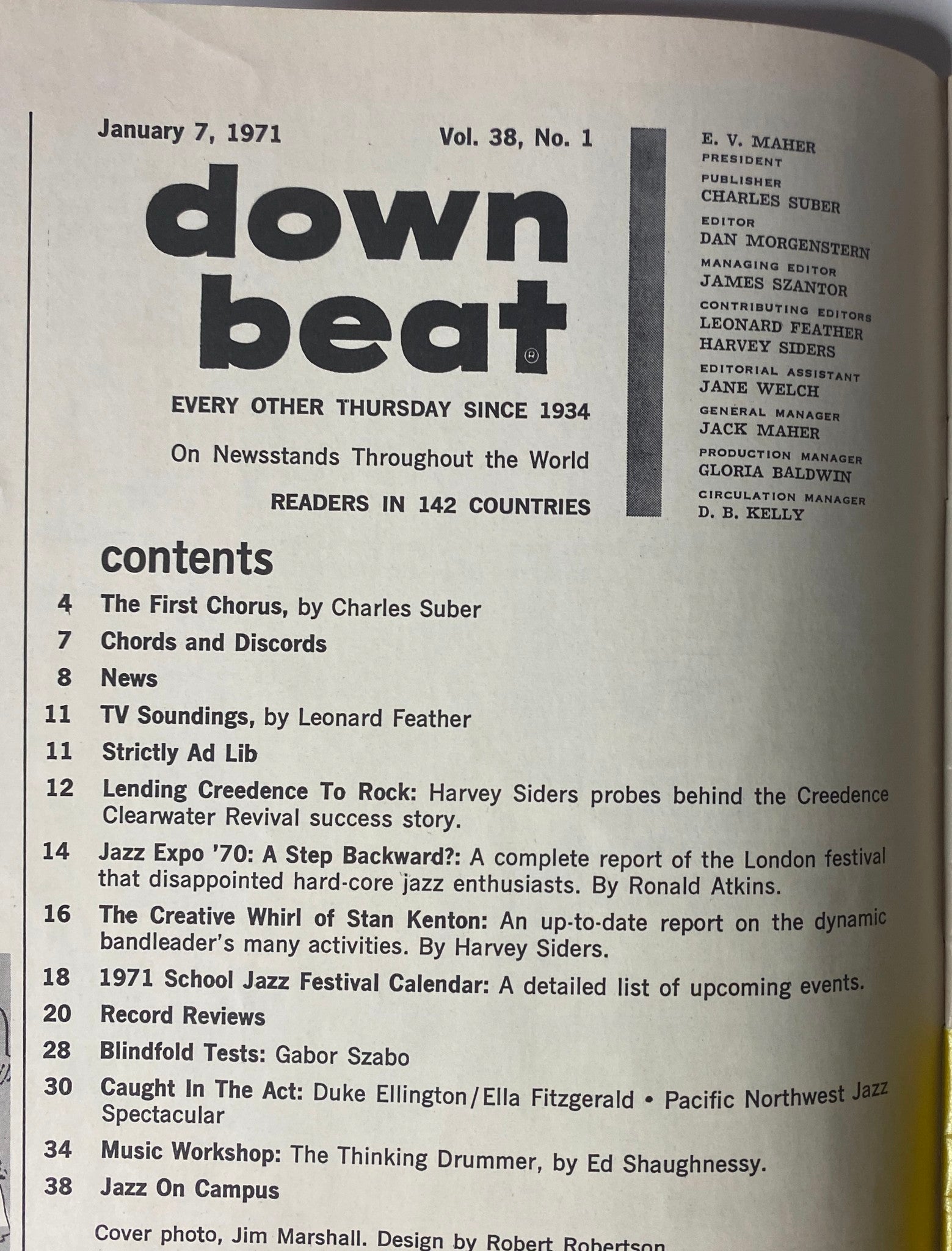 Interior view of Down Beat Magazine January 7, 1971 Vol 38 No. 1 featuring contents including articles on Stan Kenton, Creedence Clearwater Revival, and various jazz reviews.