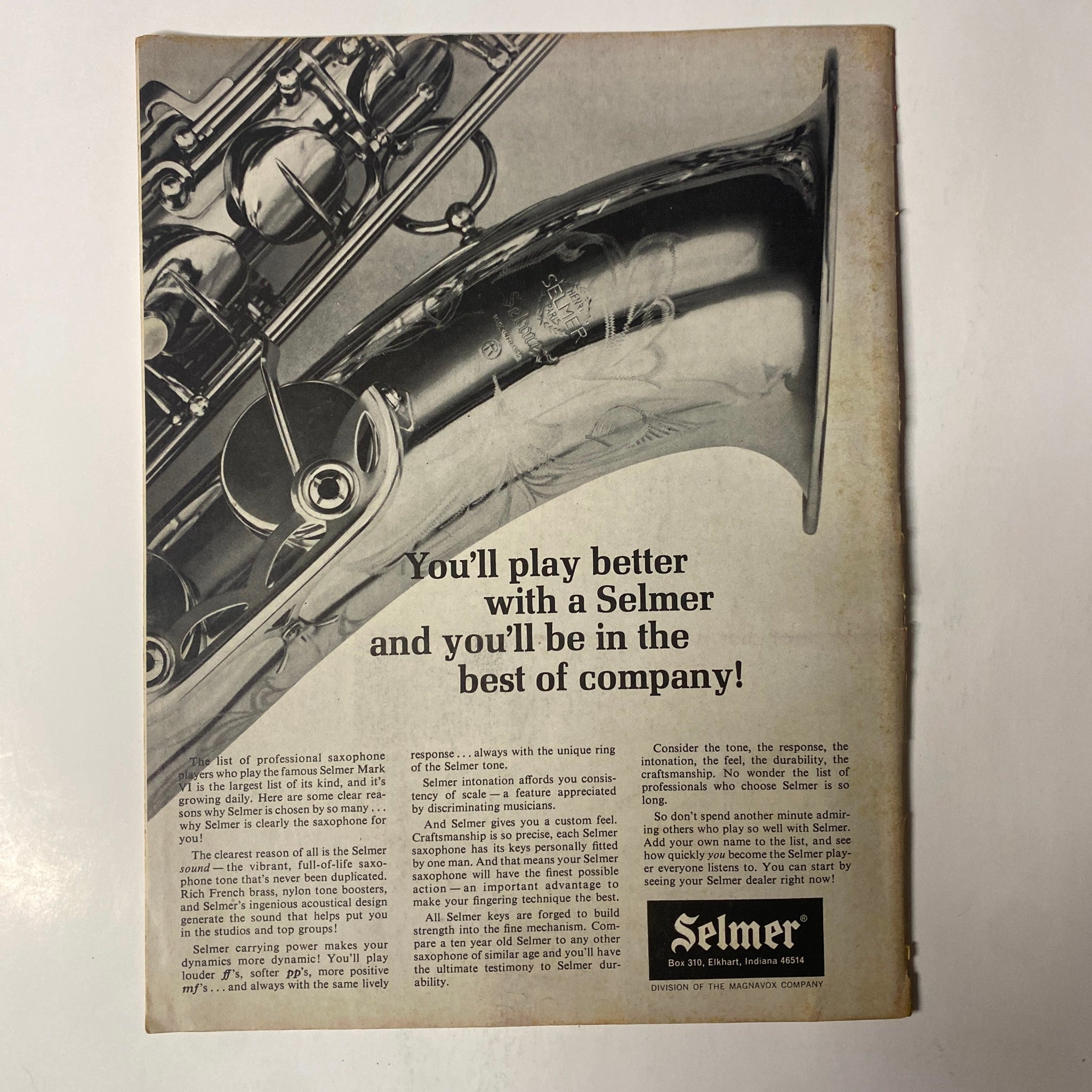 Back cover advertisement for Selmer featuring a saxophone, from Down Beat Magazine January 7, 1971 Vol 38 No. 1.