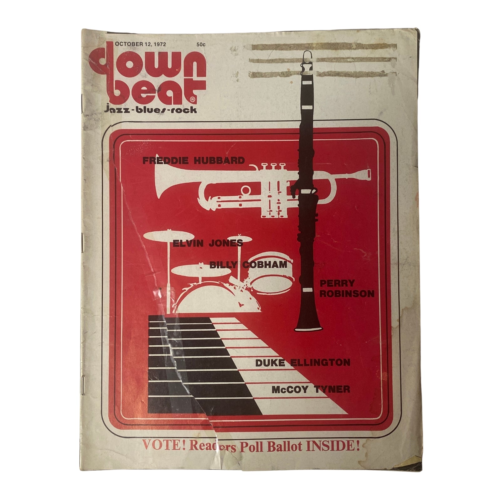 Cover of Down Beat Magazine October 12, 1972 Vol 39 No. 16 featuring Elvin Jones, Billy Cobham, Freddie Hubbard, and Perry Robinson, showcasing jazz, blues, and rock music themes.