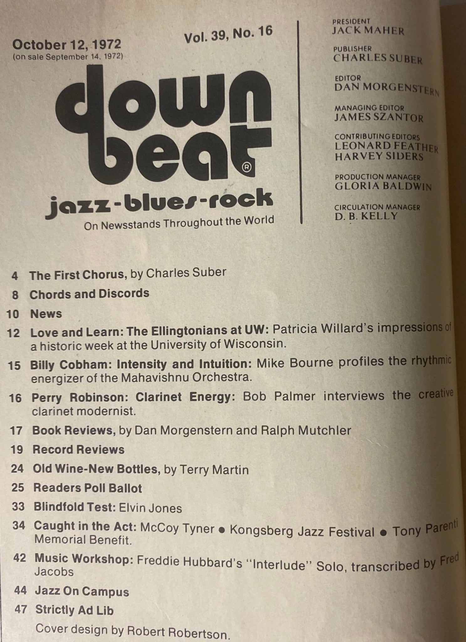Contents page of Down Beat Magazine October 12, 1972, Vol 39 No. 16, featuring articles like 'Love and Learn: The Ellingtonians at UW' and 'Billy Cobham: Intensity and Intuition.'