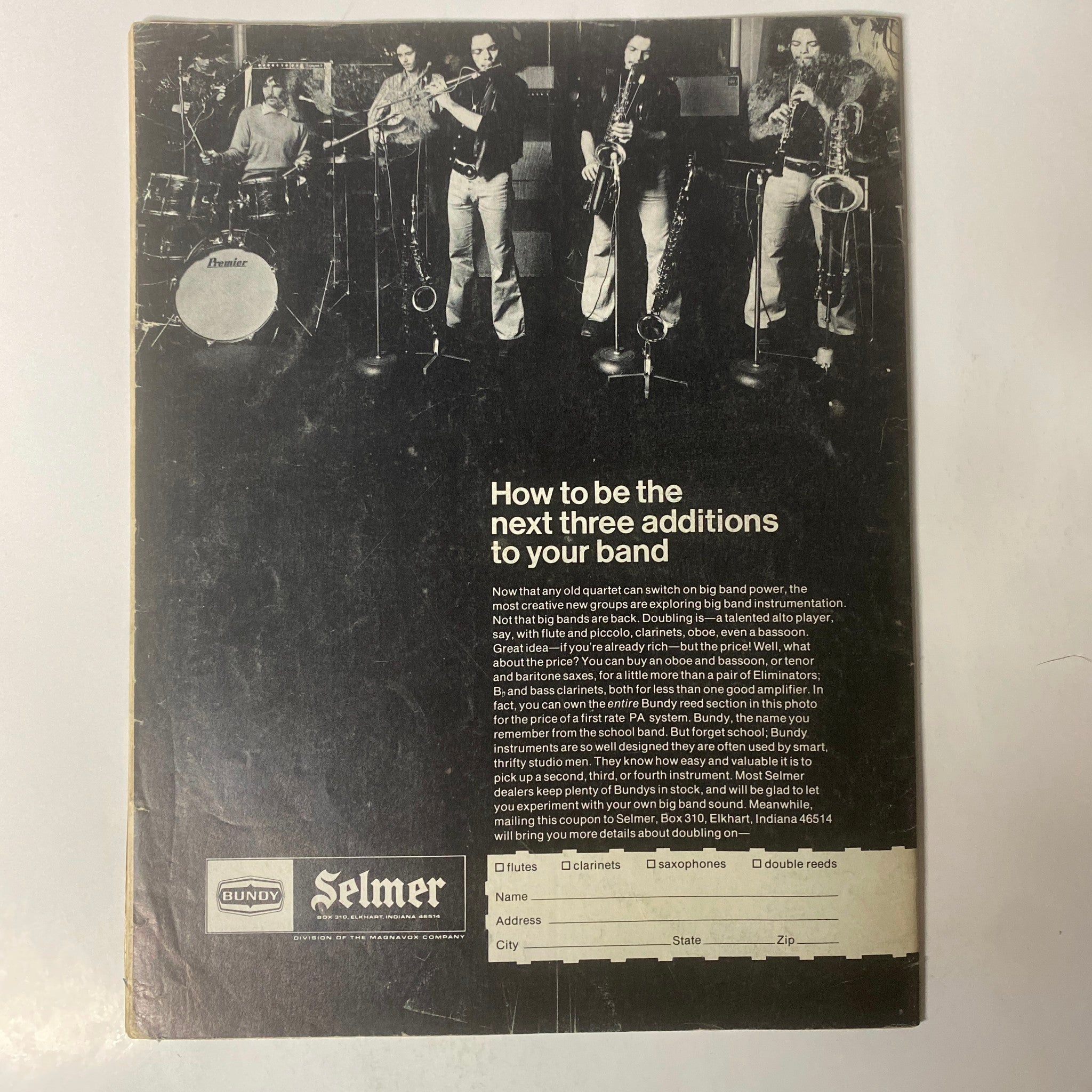 Back cover of Down Beat Magazine October 12, 1972, Vol 39 No. 16, showcasing an advertisement with jazz musicians and instruments, promoting Selmer products.