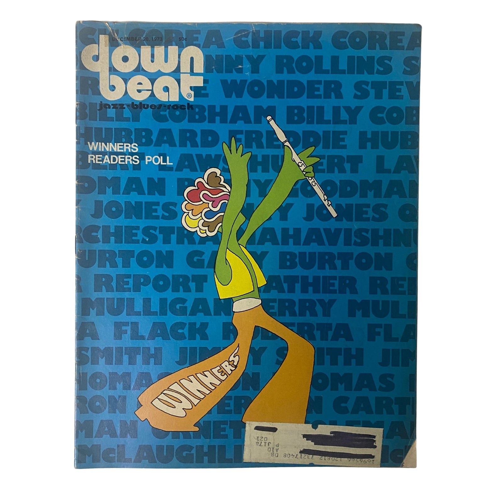 Cover of Down Beat Magazine, December 20, 1973, Vol. 40 No. 21 featuring artwork of a colorful musician playing a flute, highlighting the Winners Readers Poll.