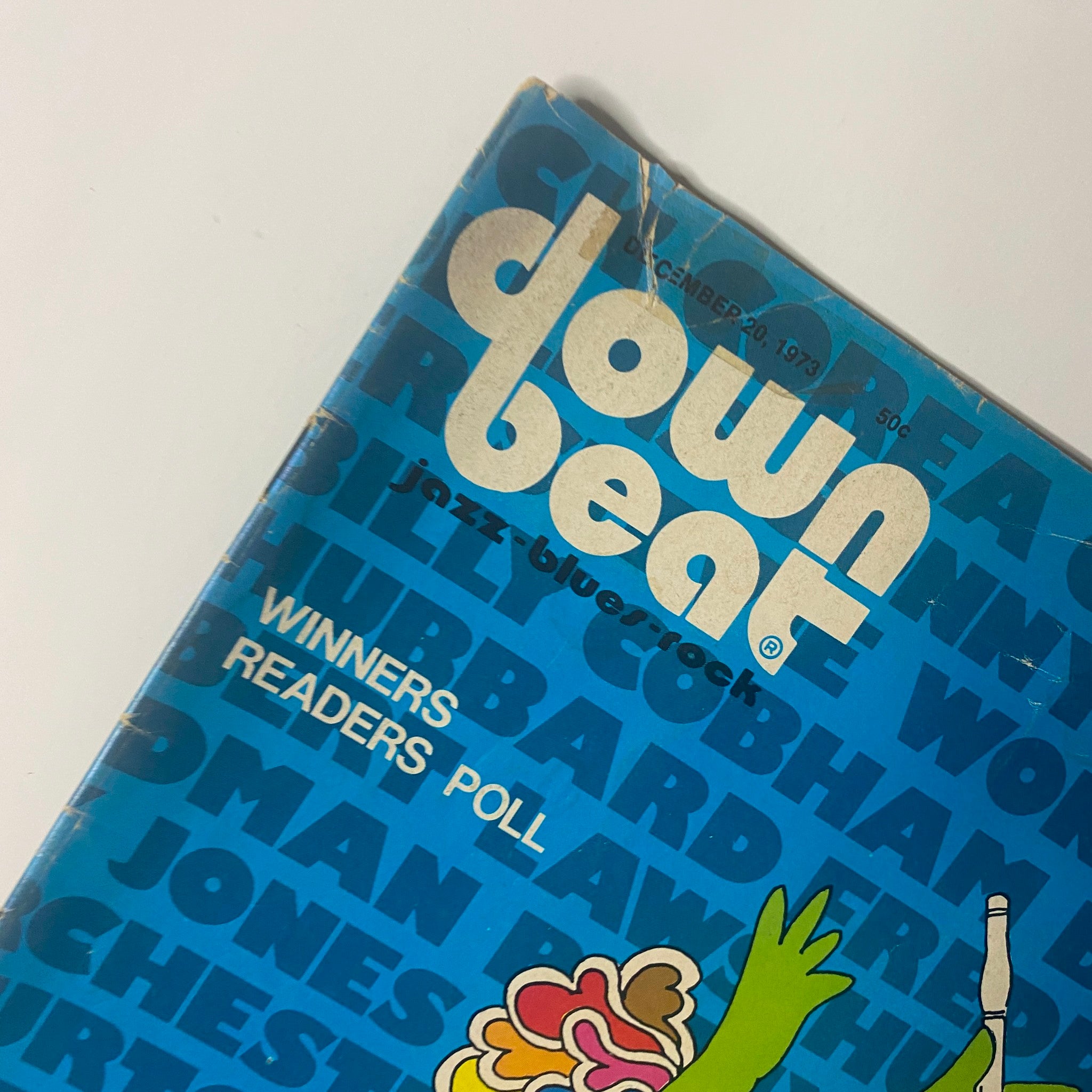 Close-up of the Down Beat Magazine cover for December 20, 1973, Vol. 40 No. 21, showcasing the Winners Readers Poll and vibrant design.