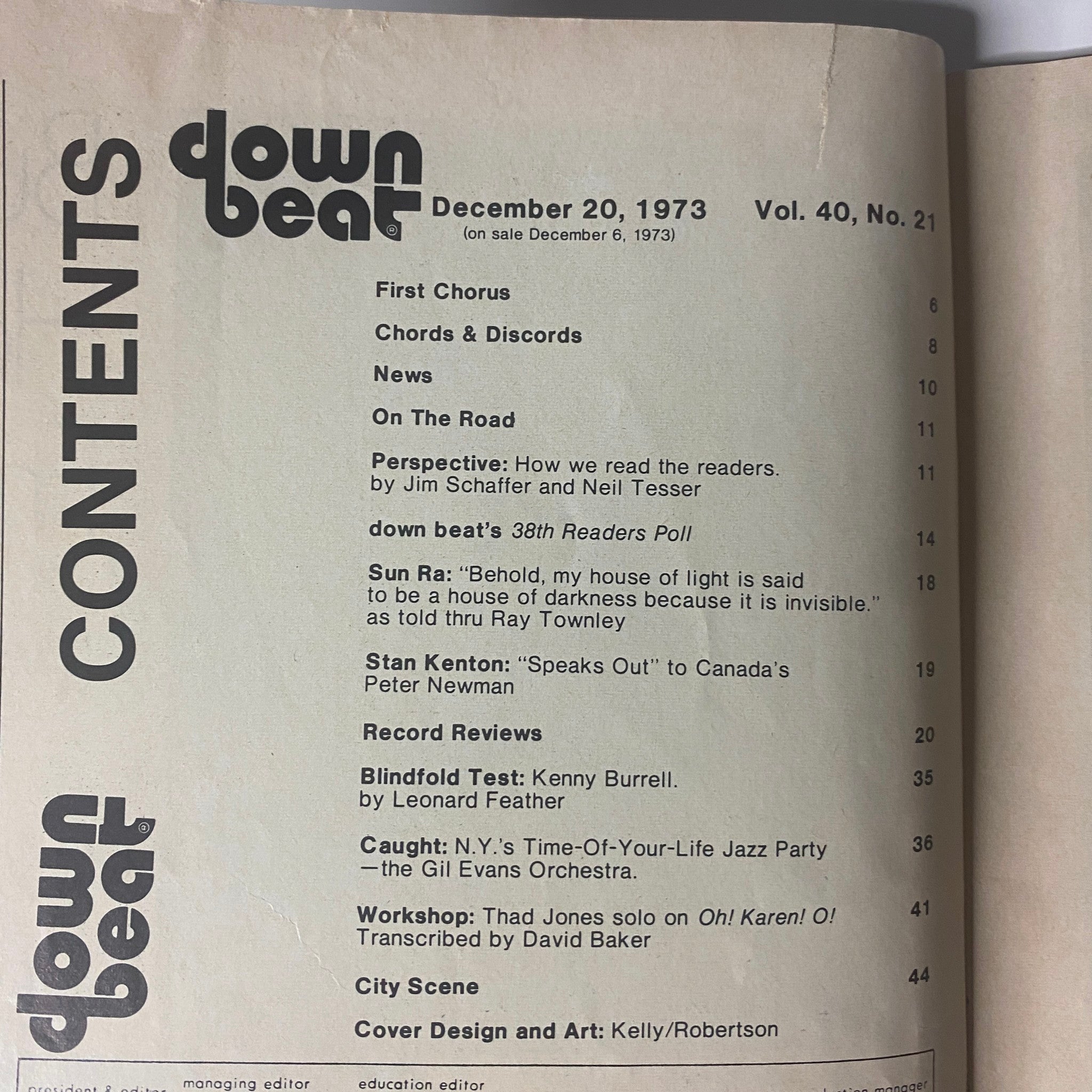 Table of contents from Down Beat Magazine, December 20, 1973, Vol. 40 No. 21, listing articles and features including Stan Kenton, Sun Ra, and Blindfold Test with Kenny Burrell.