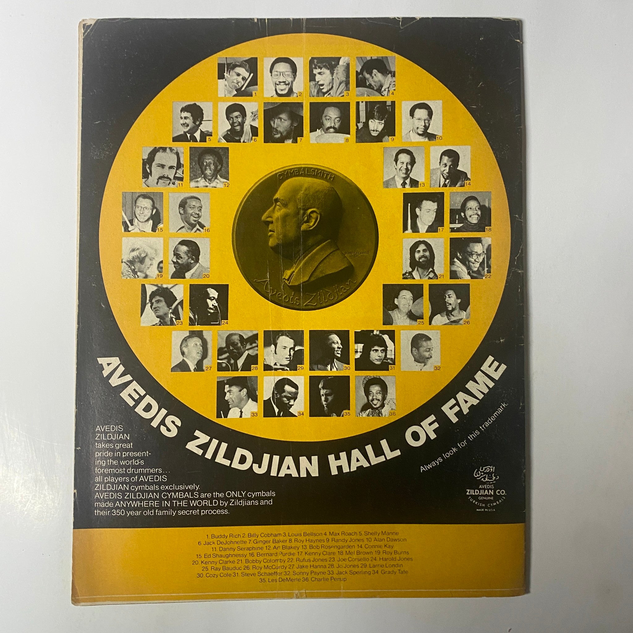 Back cover of Down Beat Magazine December 20, 1973 Vol 40 No. 21 featuring the Avedis Zildjian Hall of Fame with notable musicians' portraits.