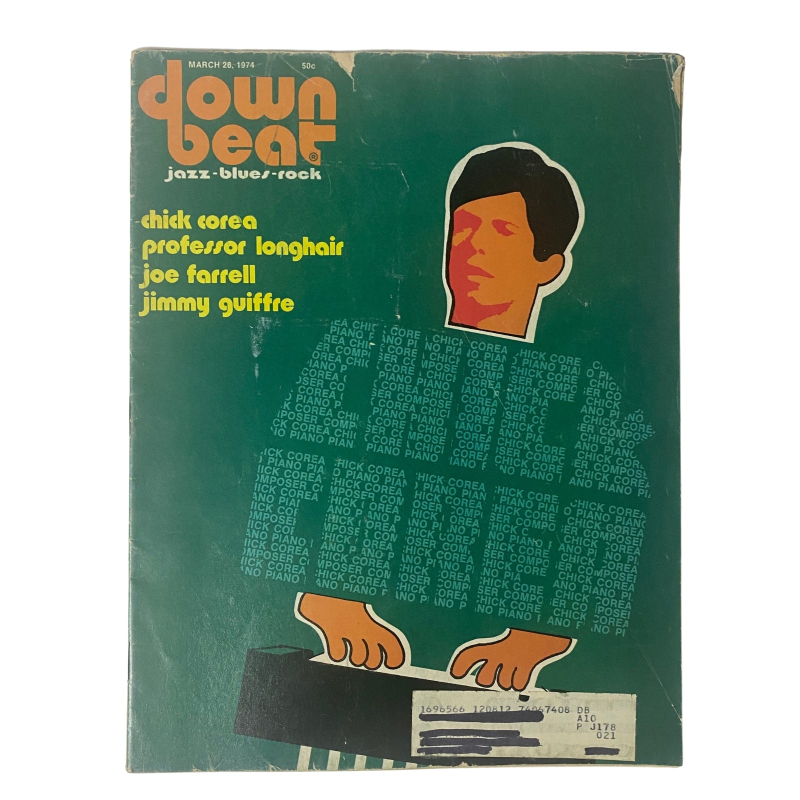 Cover of Down Beat Magazine, March 28, 1974, Vol 41 No. 6 featuring Joe Farrell, Chick Corea, Professor Longhair, and Jimmy Giuffre in a colorful design.