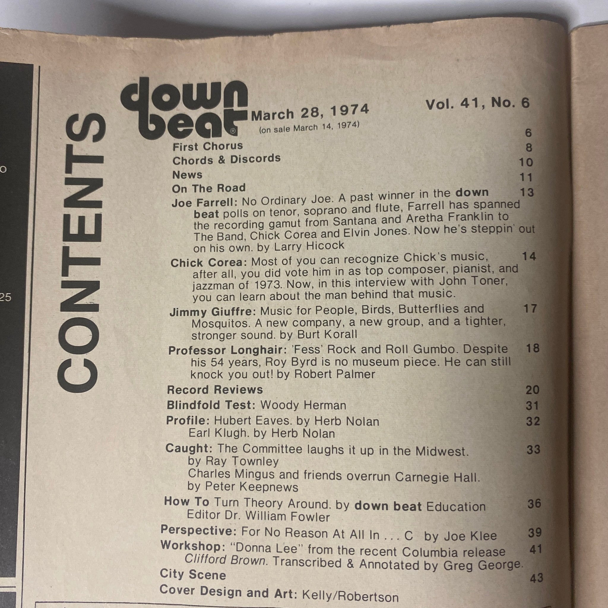 Contents page of Down Beat Magazine, March 28, 1974, Vol 41 No. 6 listing articles including Joe Farrell, Chick Corea, and Professor Longhair.