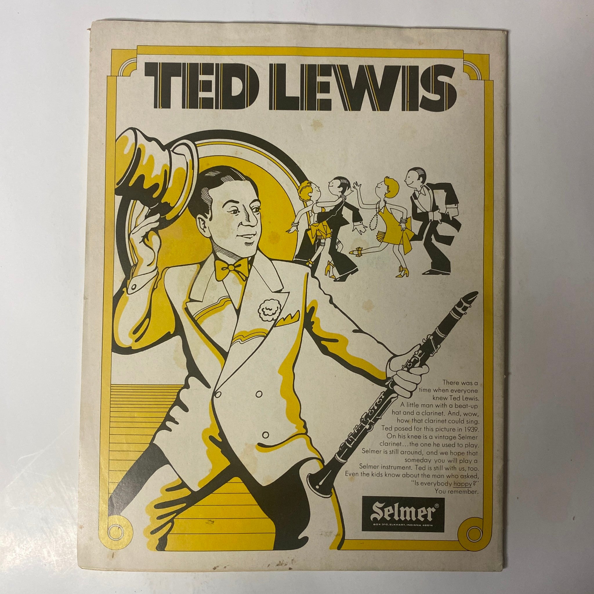 Back cover of Down Beat Magazine, March 28, 1974, Vol 41 No. 6 featuring an illustration of Ted Lewis with promotional content.
