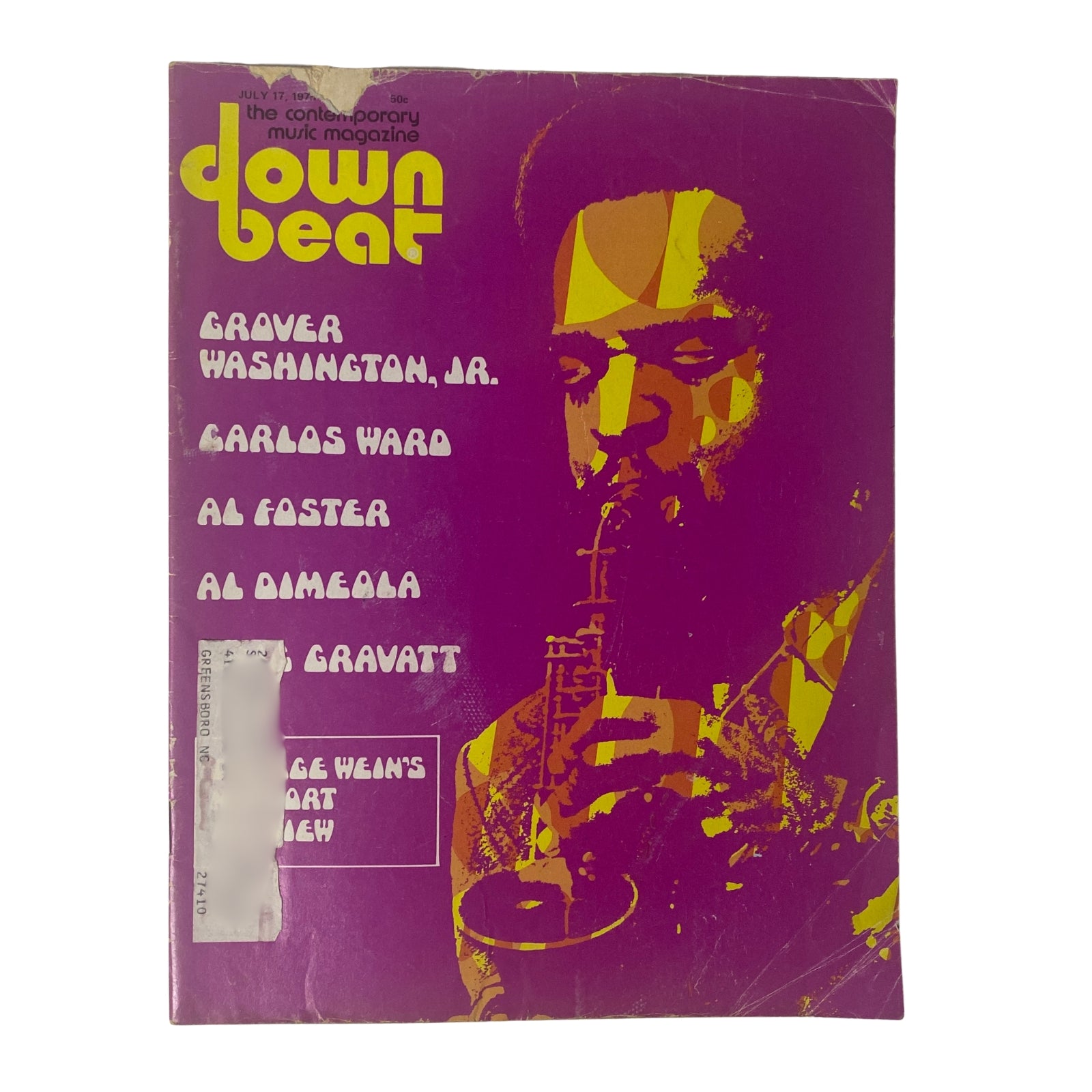 Cover of Down Beat Magazine July 17, 1975, featuring Grover Washington Jr., Carlos Ward, Al Foster, and Eric Gravatt. The magazine highlights jazz music and artists.