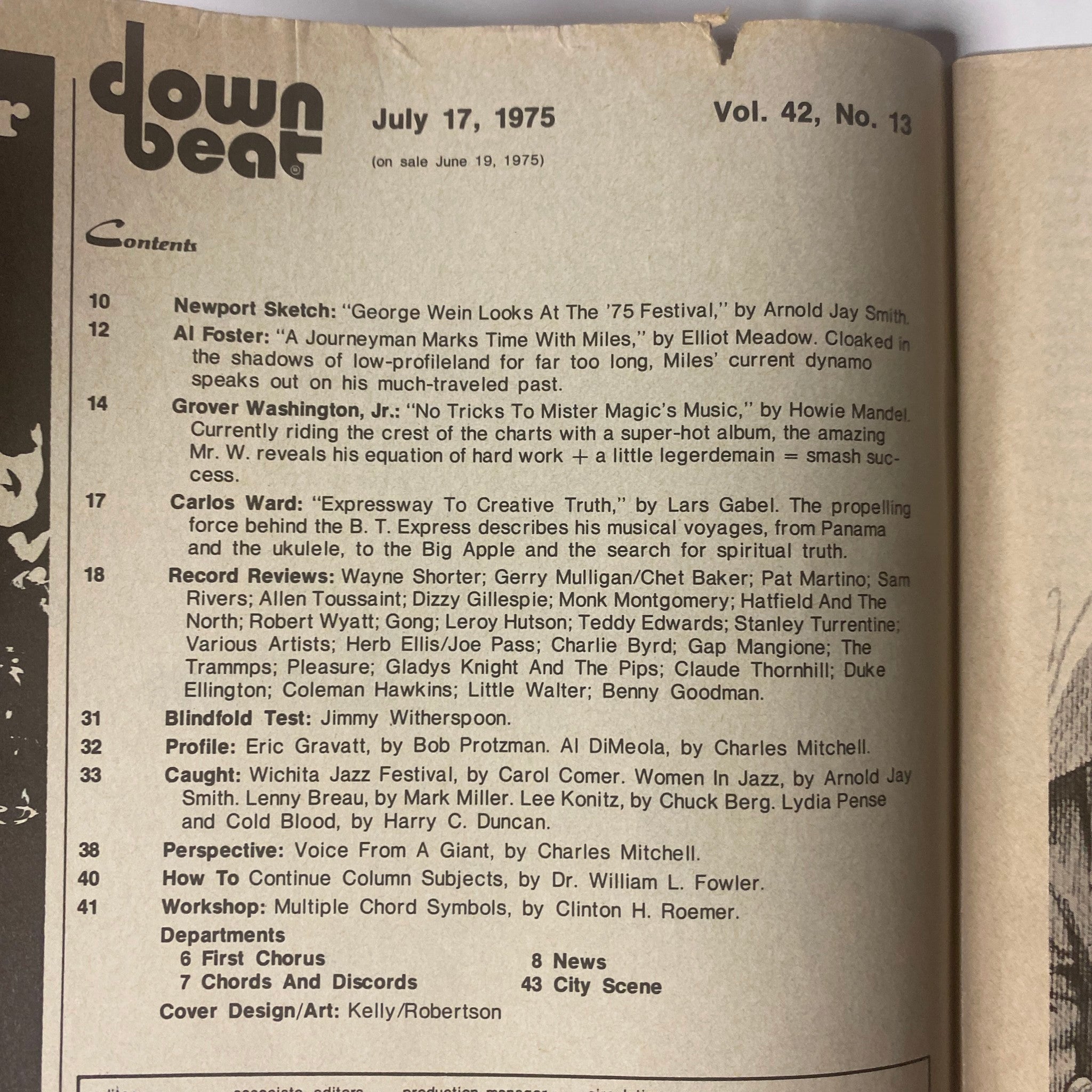 Contents page of Down Beat Magazine July 17, 1975, Volume 42, Number 13, listing features on jazz artists like Grover Washington Jr., Al Foster, and Carlos Ward.