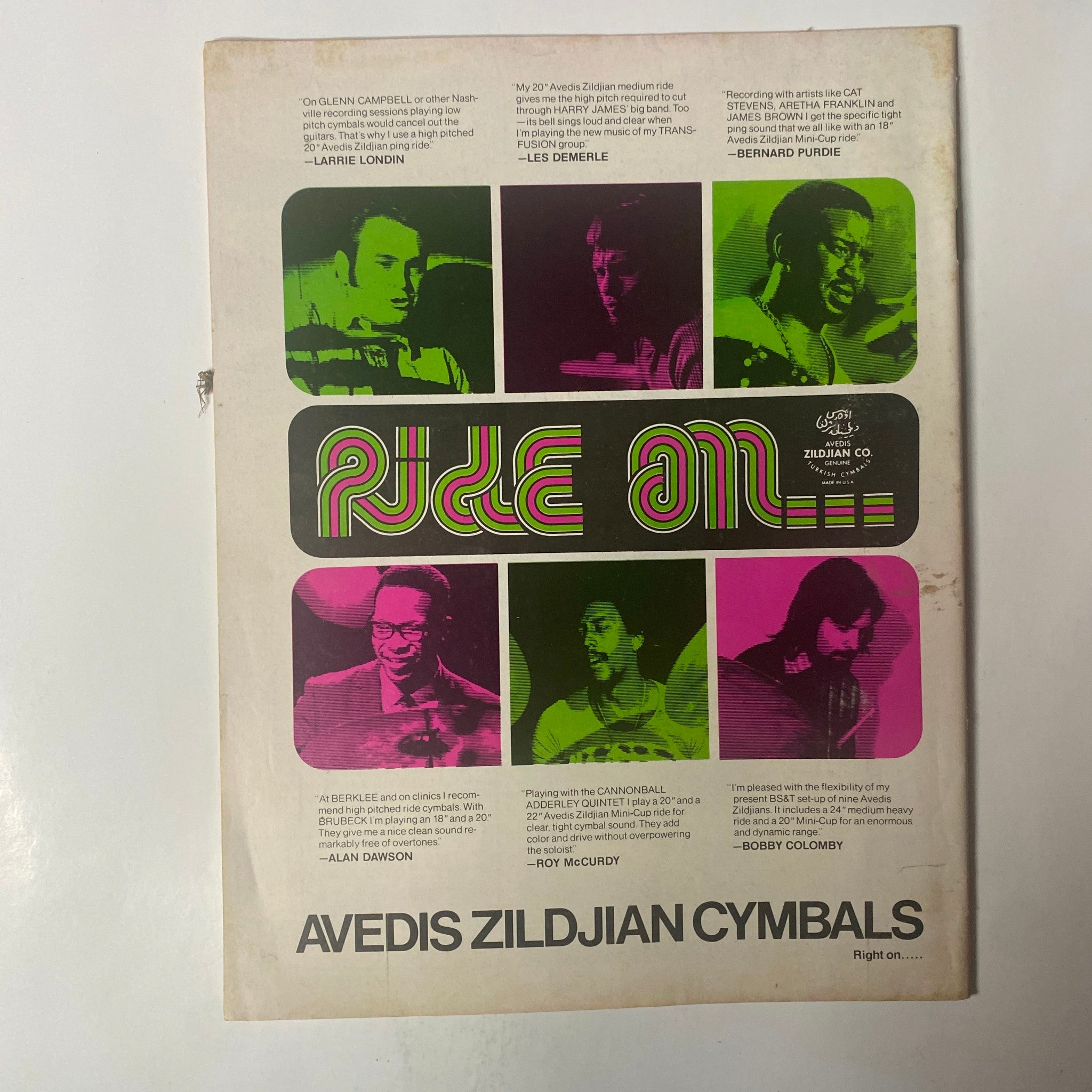 Back cover of Down Beat Magazine July 17, 1975, showing an advertisement for Avedis Zildjian Cymbals with notable jazz musicians such as Elvin Jones and Roy McCurdy.