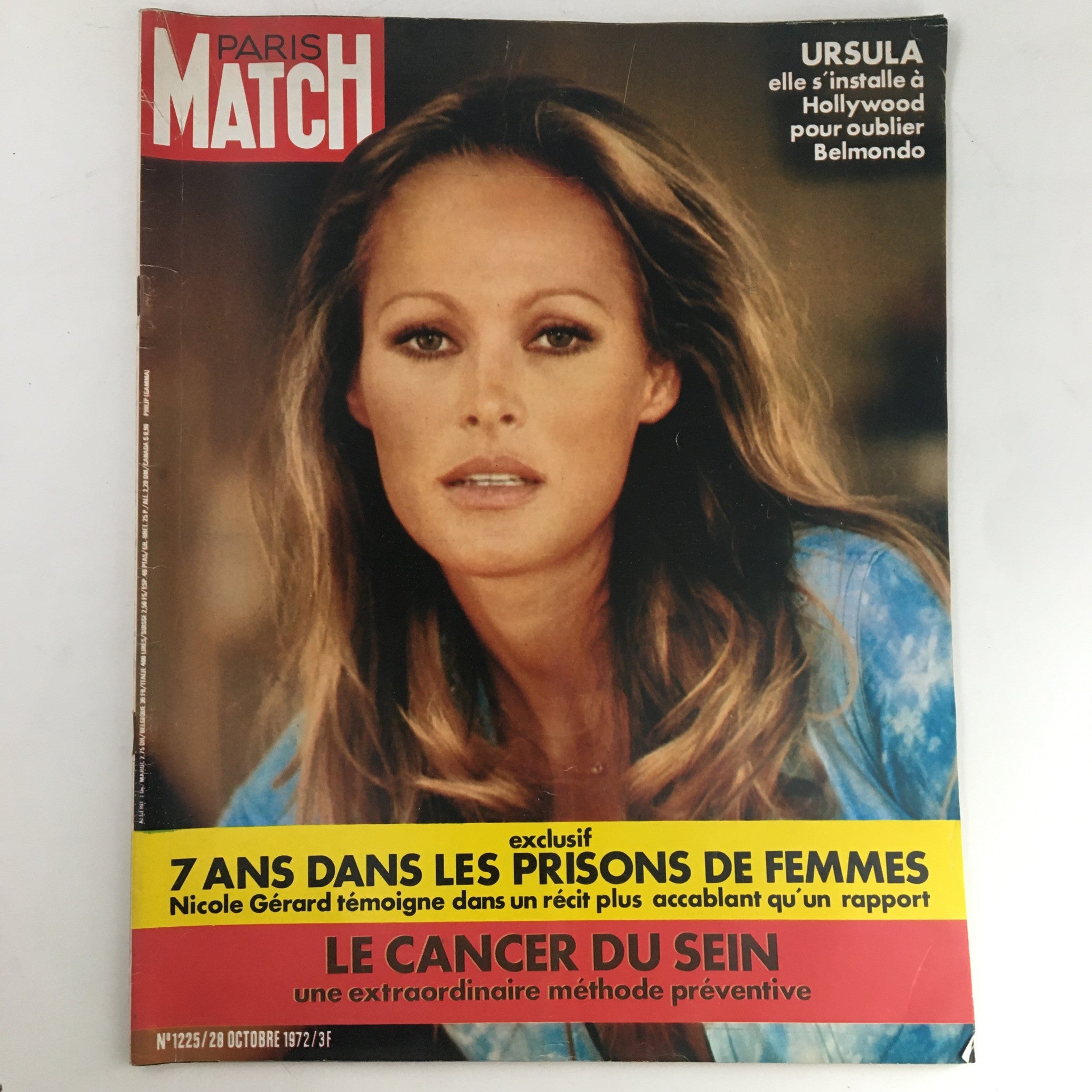 Cover of Paris Match Magazine from October 1972 featuring Swiss actress Ursula Andress, showcasing her iconic beauty and a vibrant design representative of the early 1970s magazine style.
