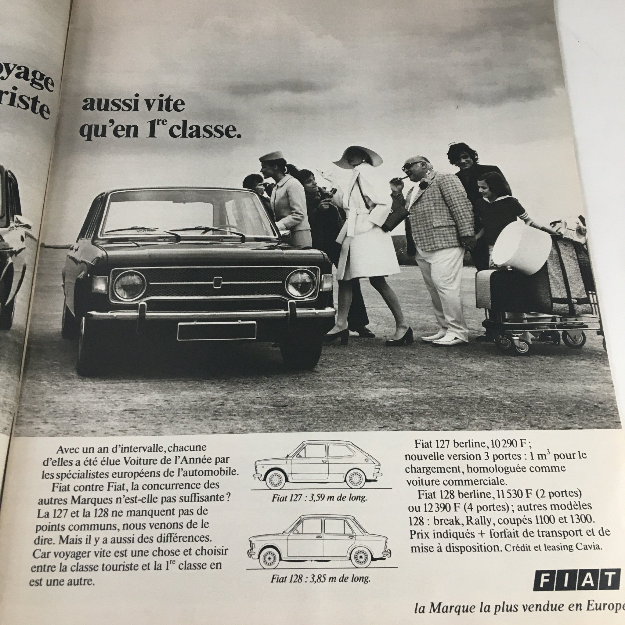 Vintage advertisement from Paris Match Magazine October 1972, featuring a Fiat car with a group of stylishly dressed people, reflecting the glamour and lifestyle of the early 1970s.