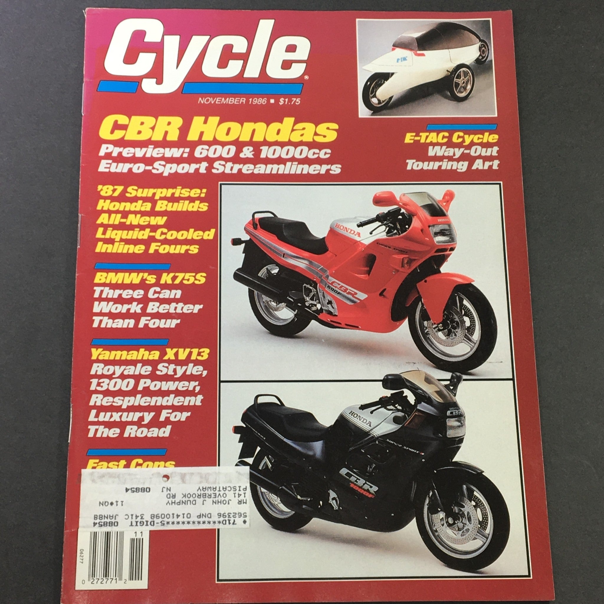 VTG Cycle Magazine November 1986 - Honda CBR 600 & 1000cc / BMW K75S