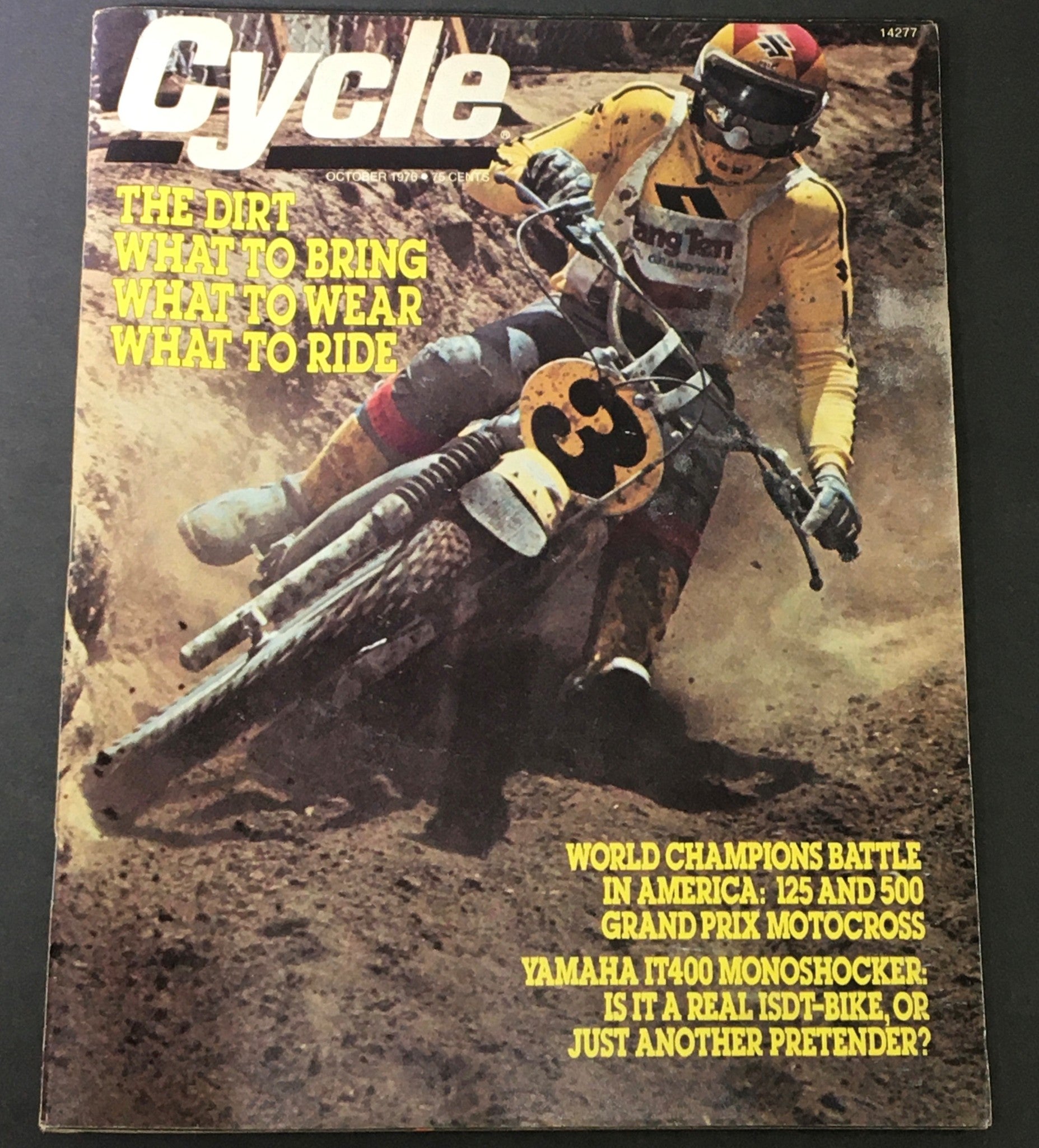 Cover of VTG Cycle Magazine October 1976 featuring an action shot of a motocross rider on a Yamaha IT400 Monoshocker, with bold text highlighting motocross topics and the Yamaha model.