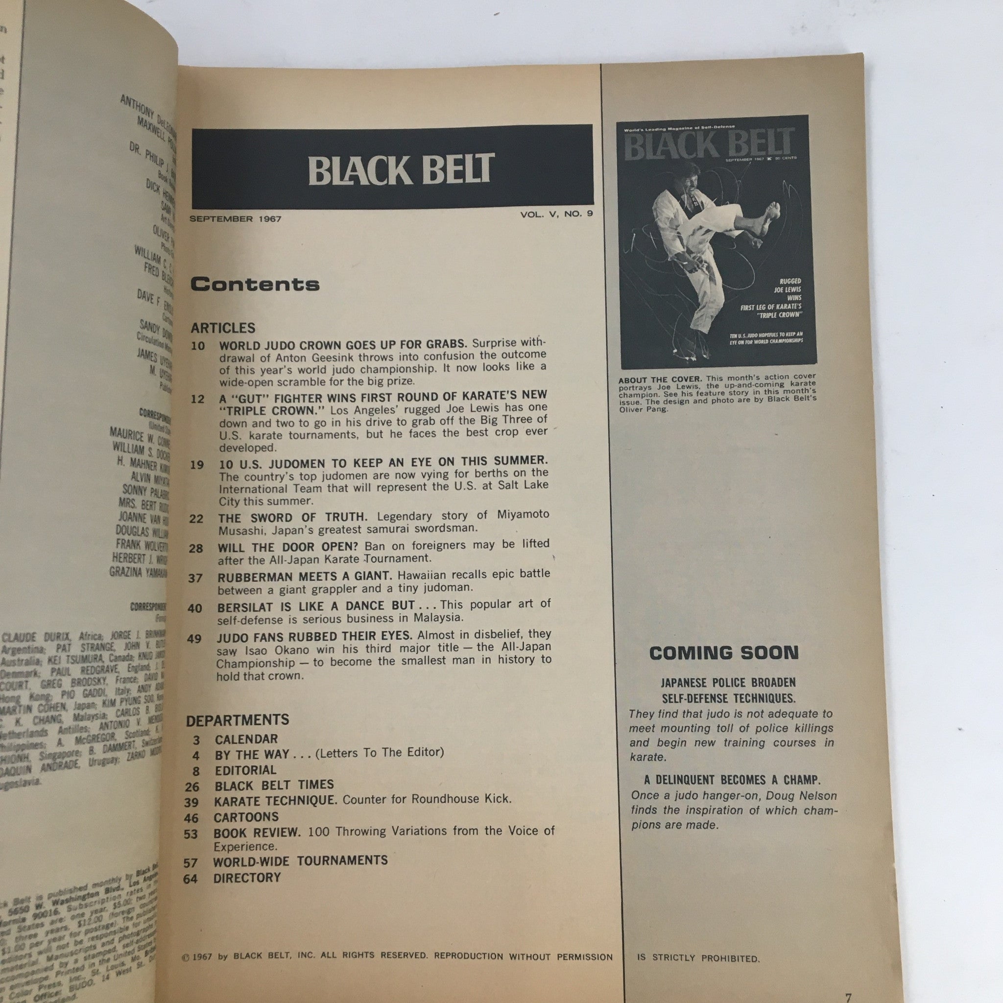 Black Belt Magazine September 1967 Vol. 5 No. 9 Rugged Joe Lewis Wins No Label