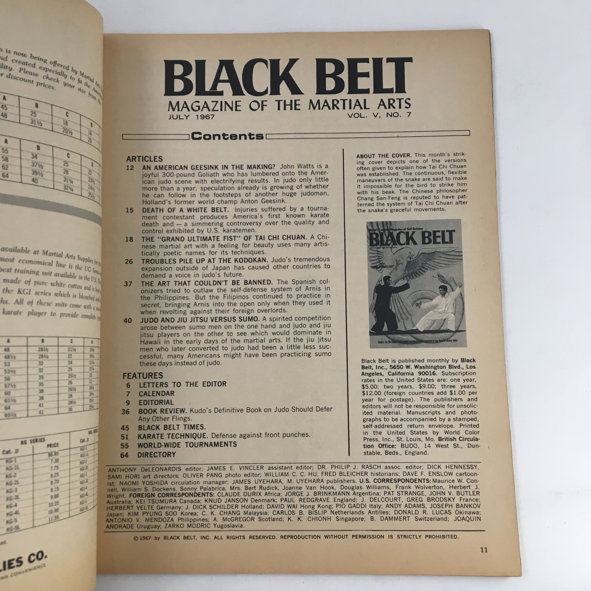 Black Belt Magazine July 1967 Vol. 5 No. 7 China's Tai Chi Chuan No Label