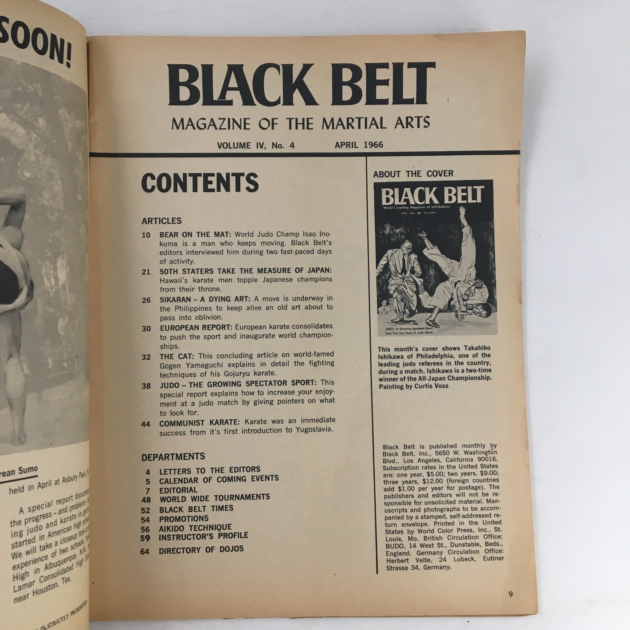 Black Belt Magazine April 1966 Vol. 4 No. 4 Takihiko Ishikawa No Label