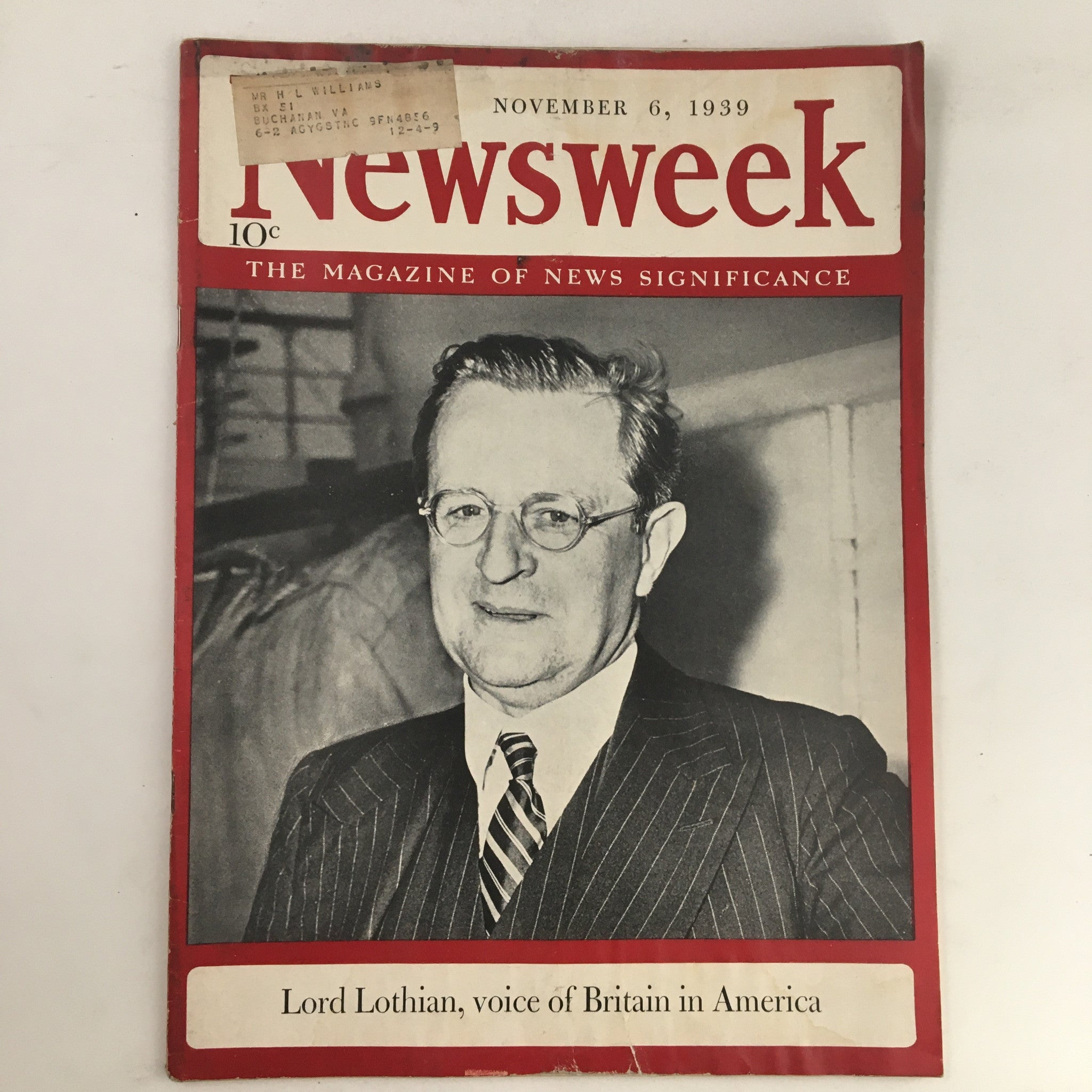 Newsweek Magazine November 6 1939 Lord Lothian Voice of Britain in America