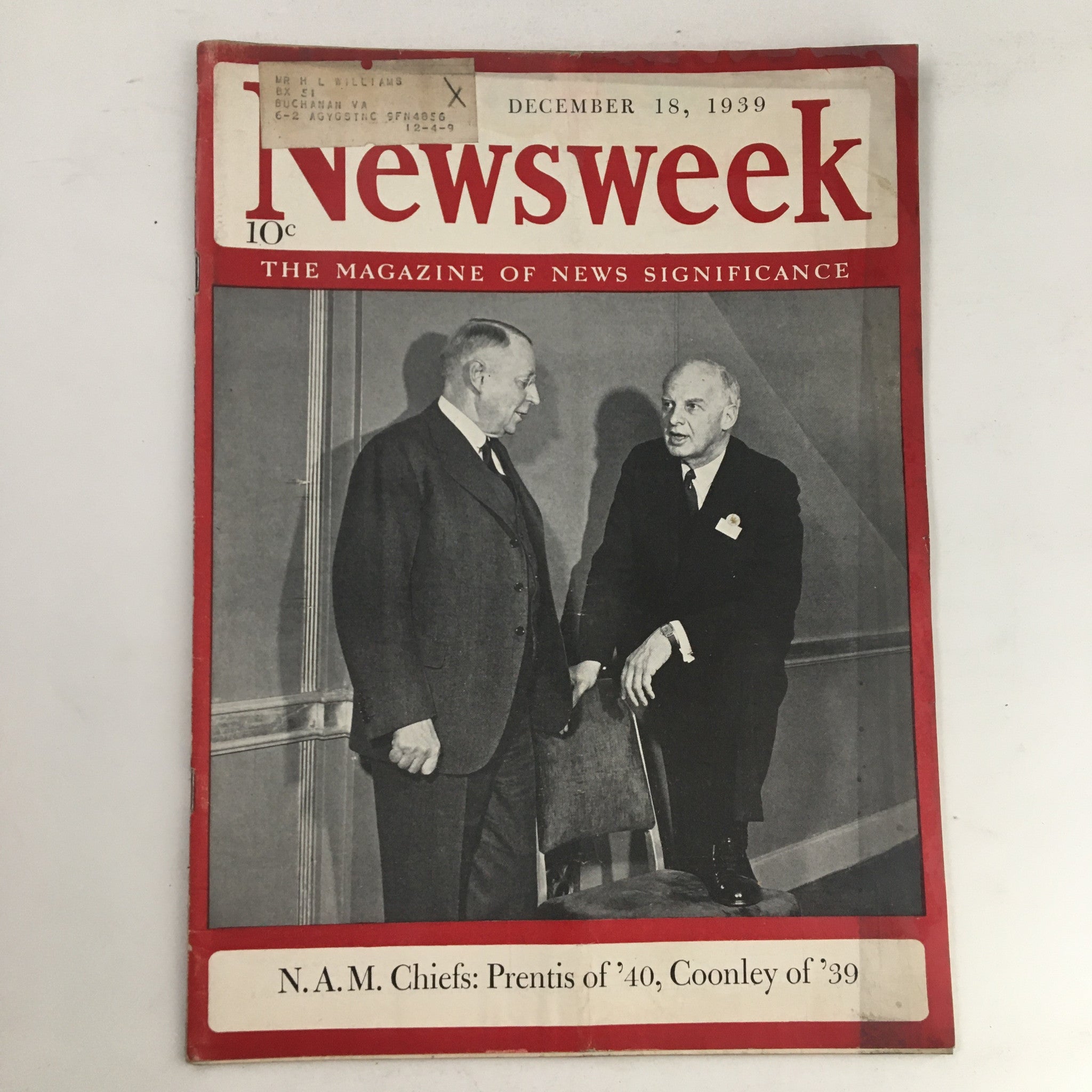 Newsweek Magazine December 18 1939 NAM Chiefs Prentis of '40 and Coonley of '39