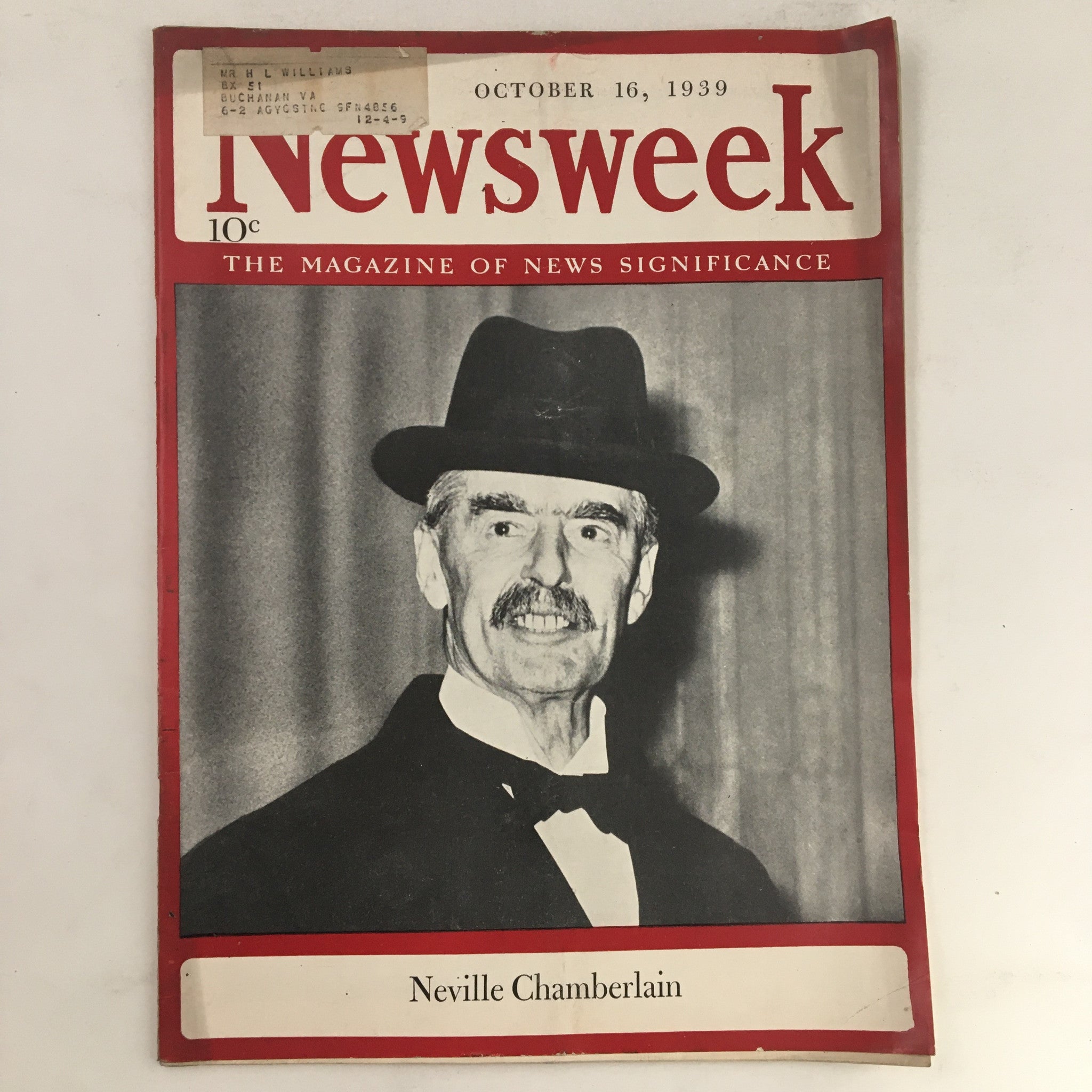 Newsweek Magazine October 16 1939 Prime Minister Neville Chamberlain of U.K.