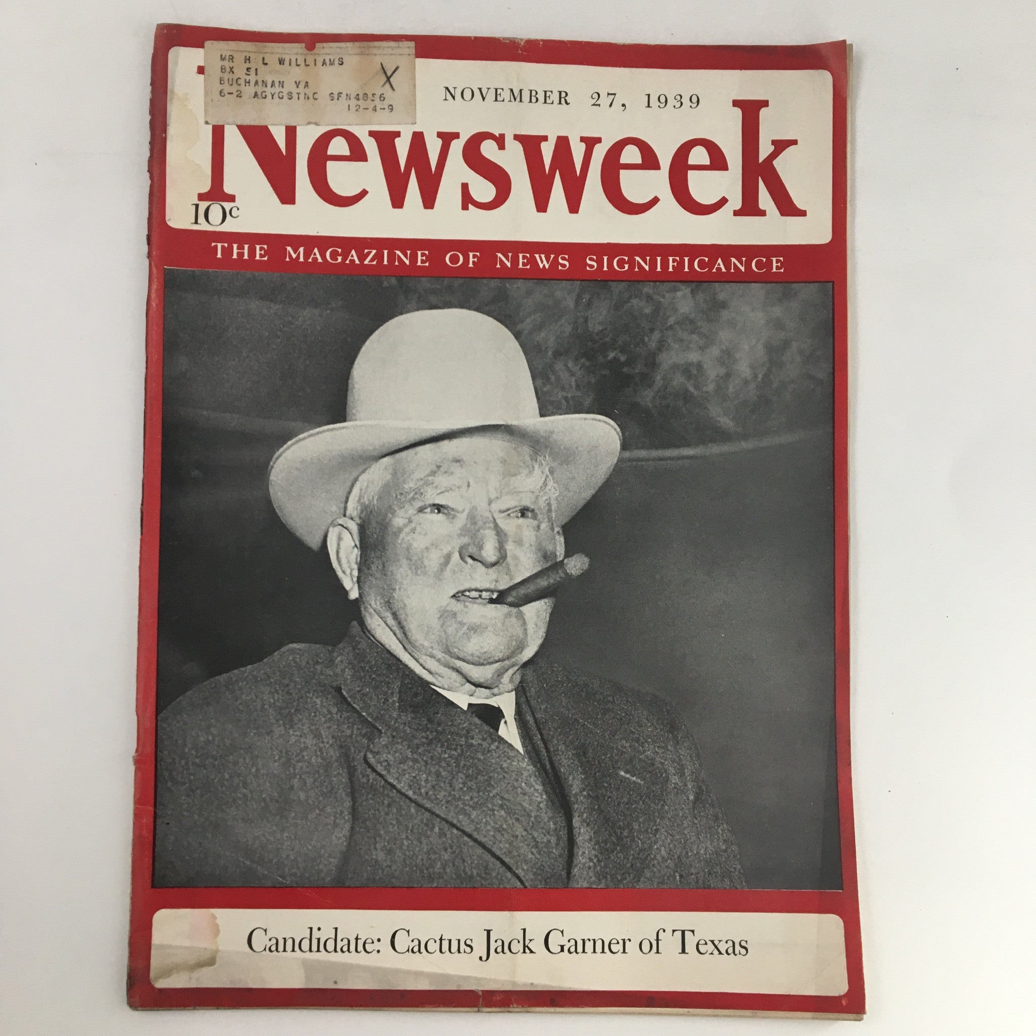 Newsweek Magazine November 27 1939 Candidate Cactus Jack Garner of Texas