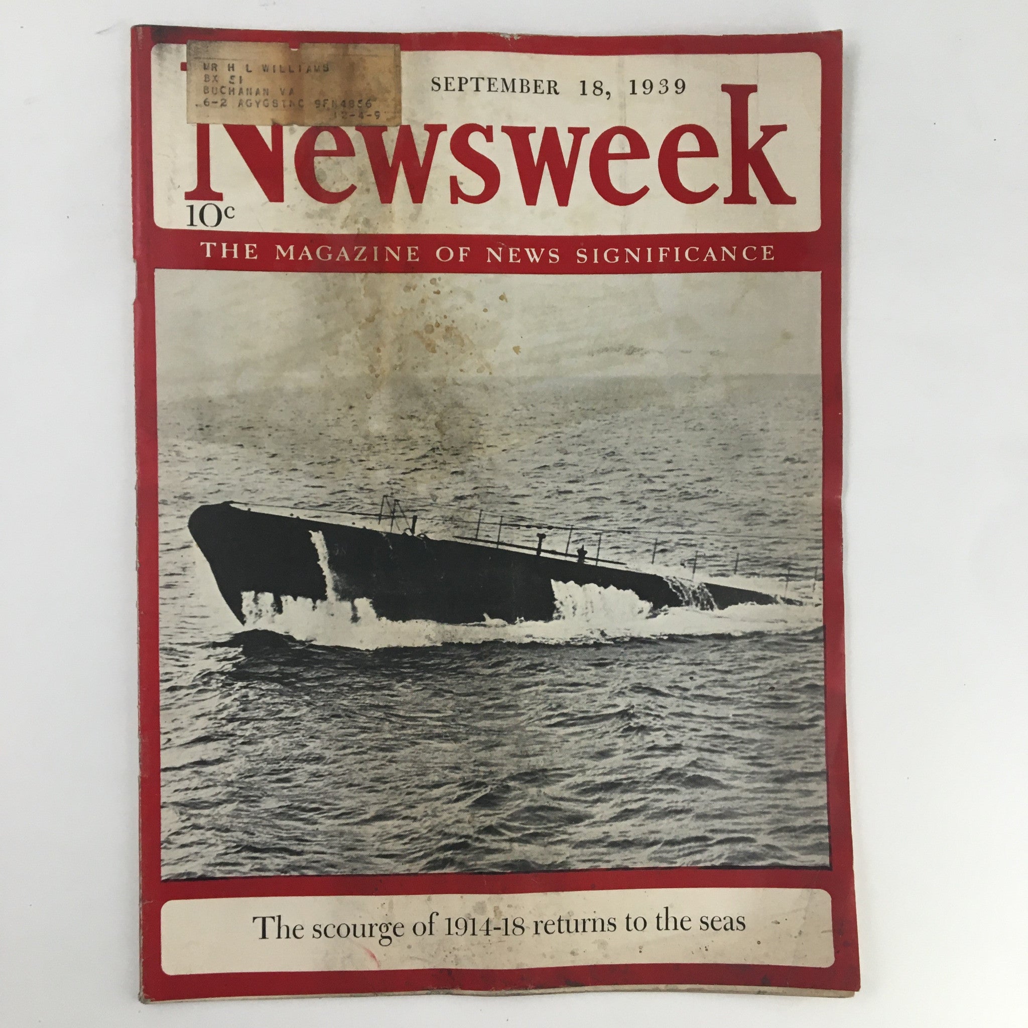 Newsweek Magazine September 18 1939 Scourge of 1914-18 Return To Sea No Label