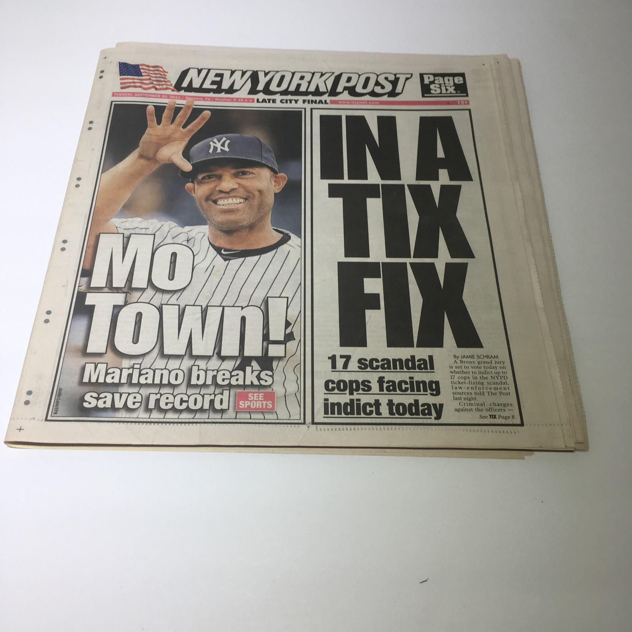 New York Post cover featuring Mariano Rivera celebrating a save record with the headline 'Mo Town! IN A TIX FIX 17 scandal cops facing indict today' dated September 20, 2011.